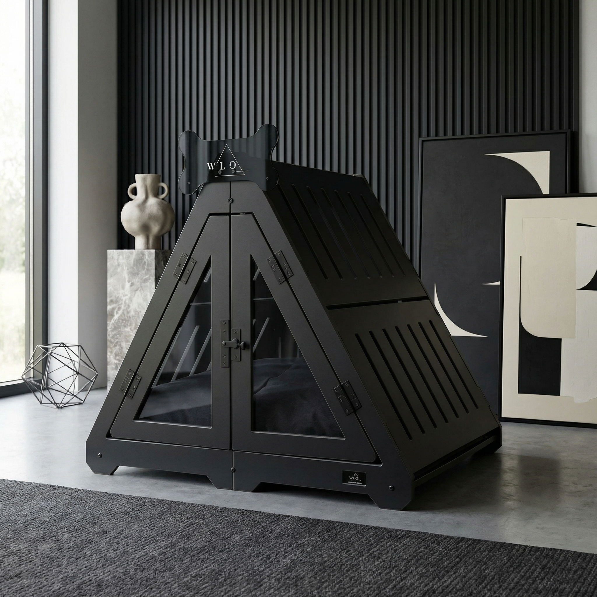 Black pet playpen in a modern room with decor elements