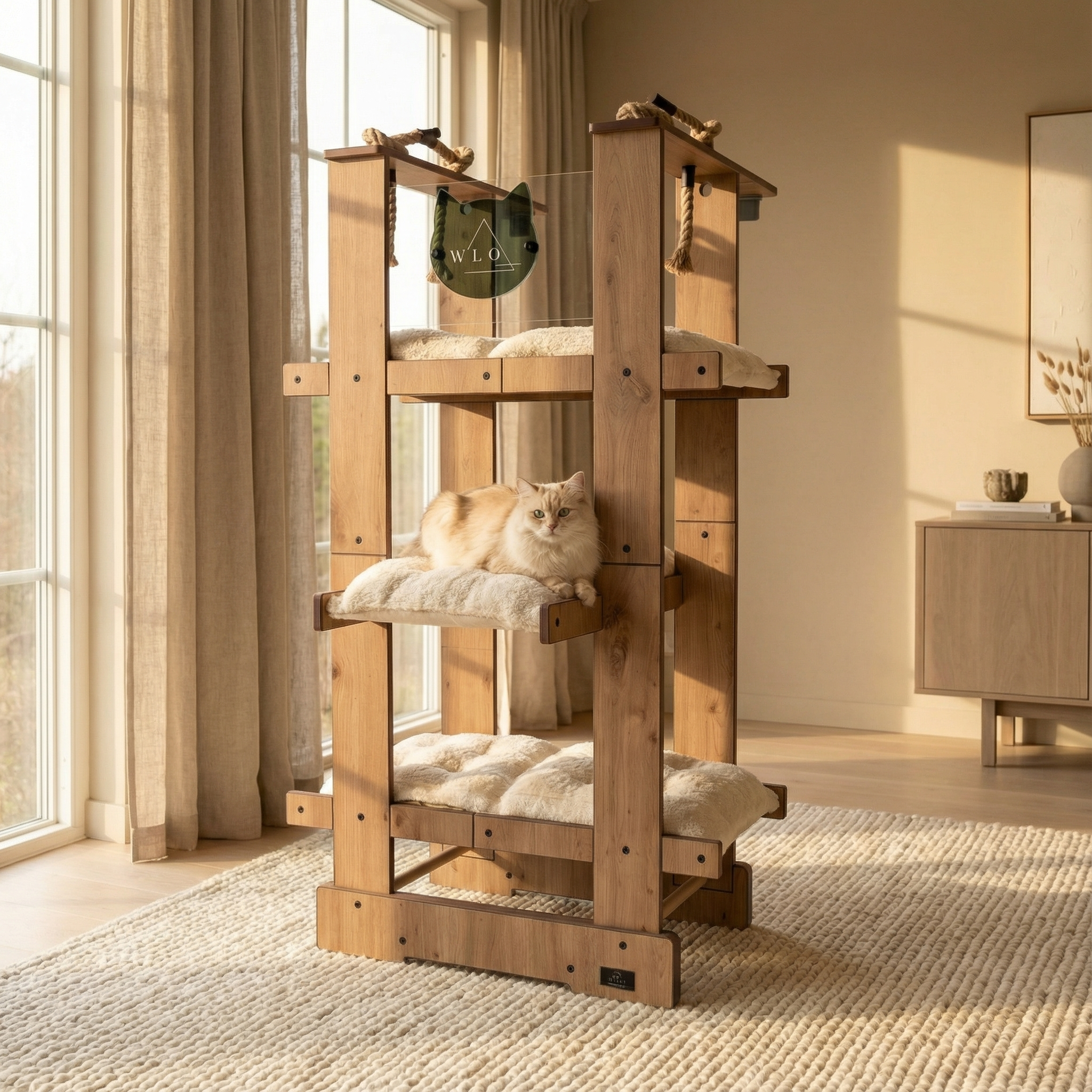 WLO® Natural Oak Malibu Cat Tree | Modern Multi-Level Cat Tower for Large Cats