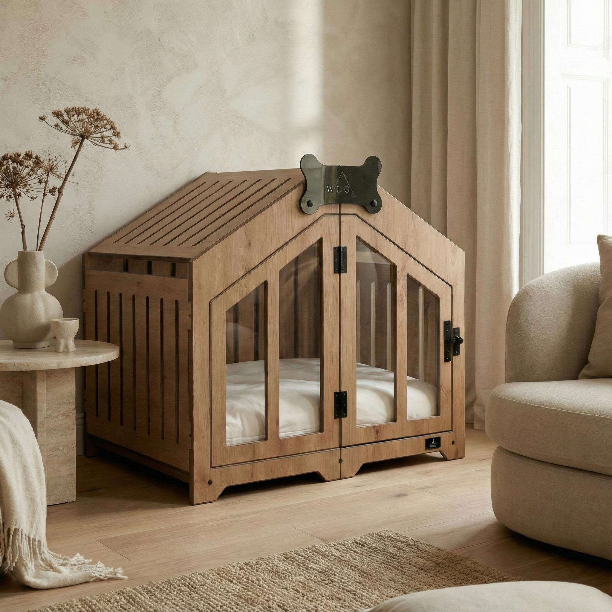 Wooden pet crate in a living room setting with a couch and table.