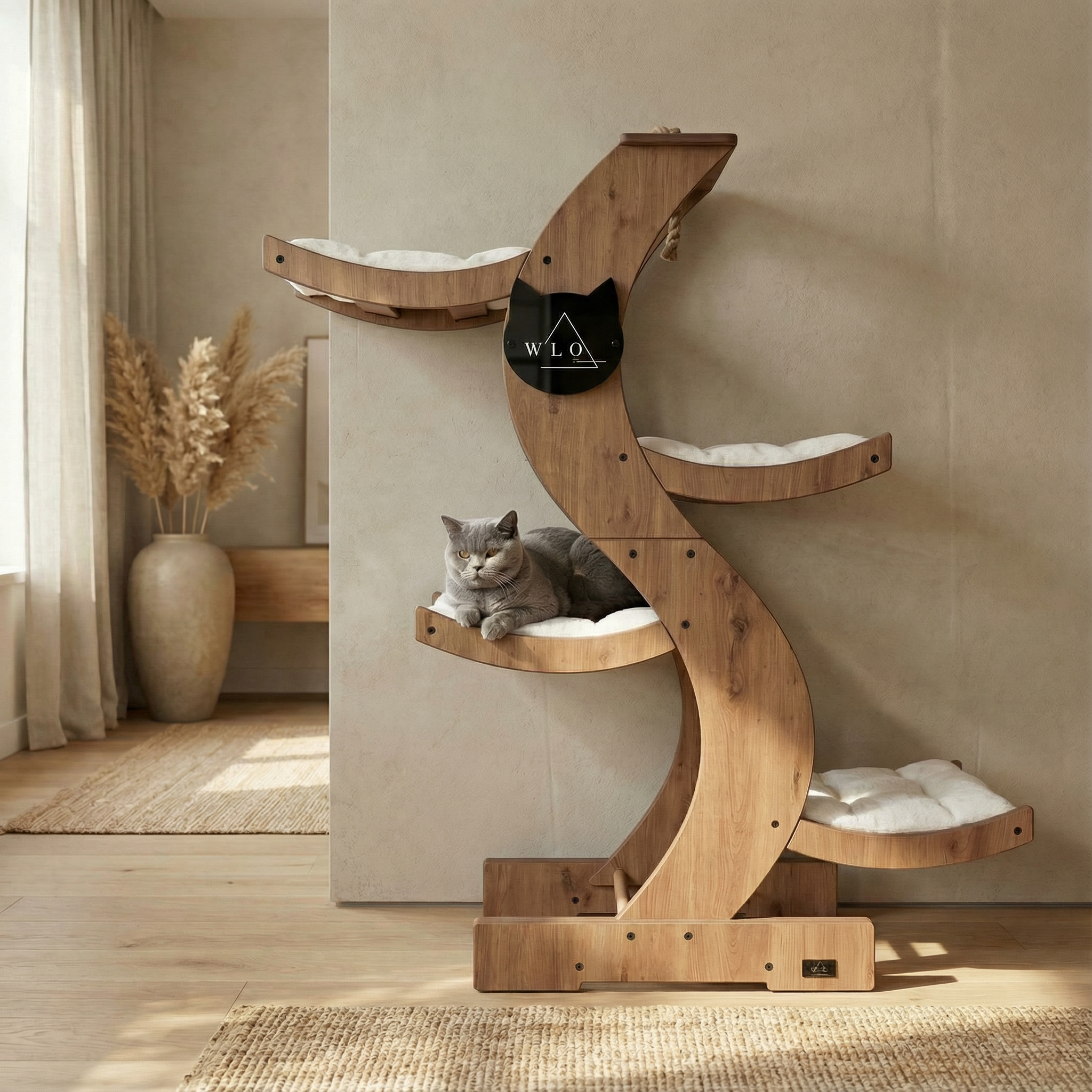 WLO® Natural Oak Skyline Cat Tree | Modern Multi-Level Cat Tower for Large Cats