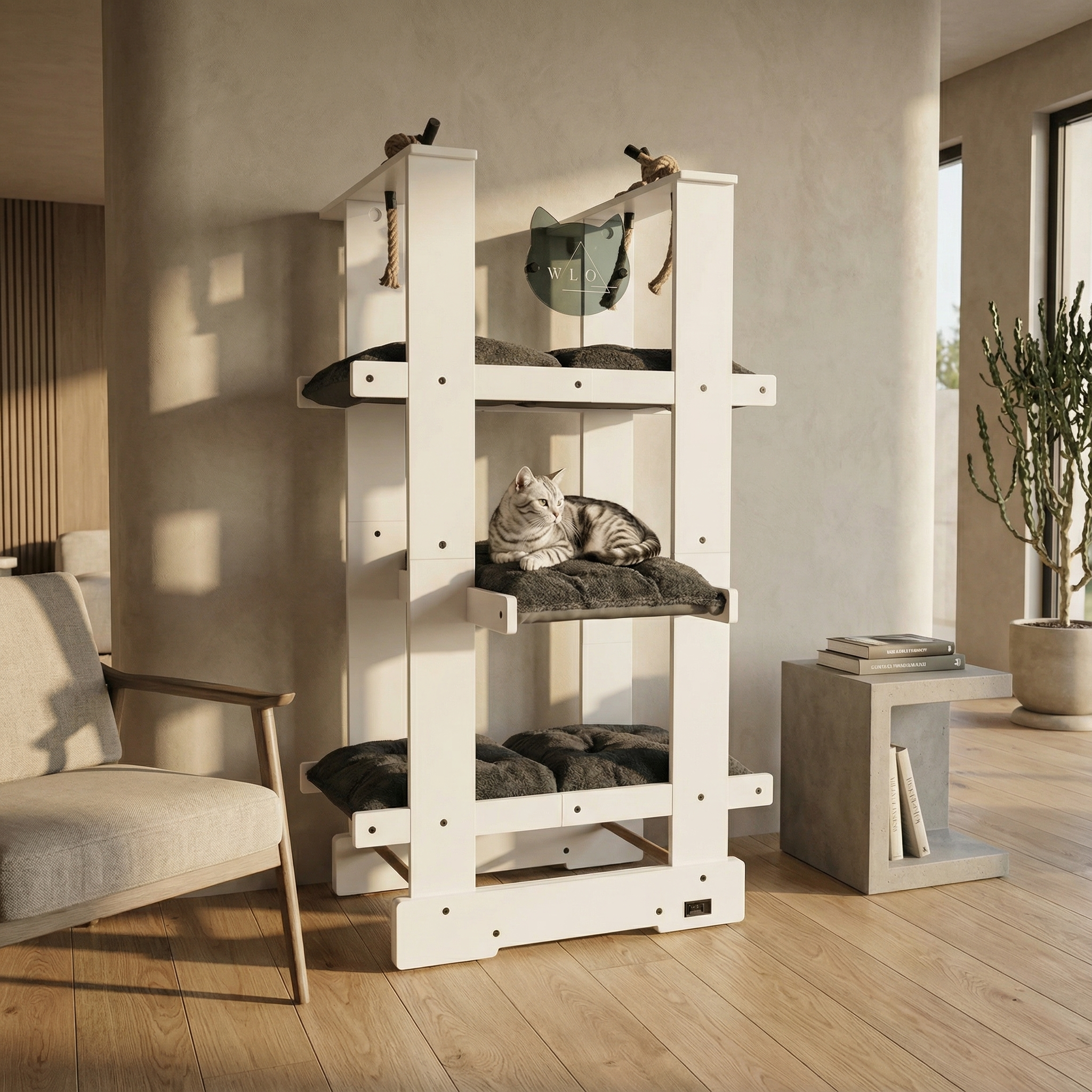 WLO® Pure White Malibu Cat Tree | Modern Multi-Level Cat Tower for Large Cats
