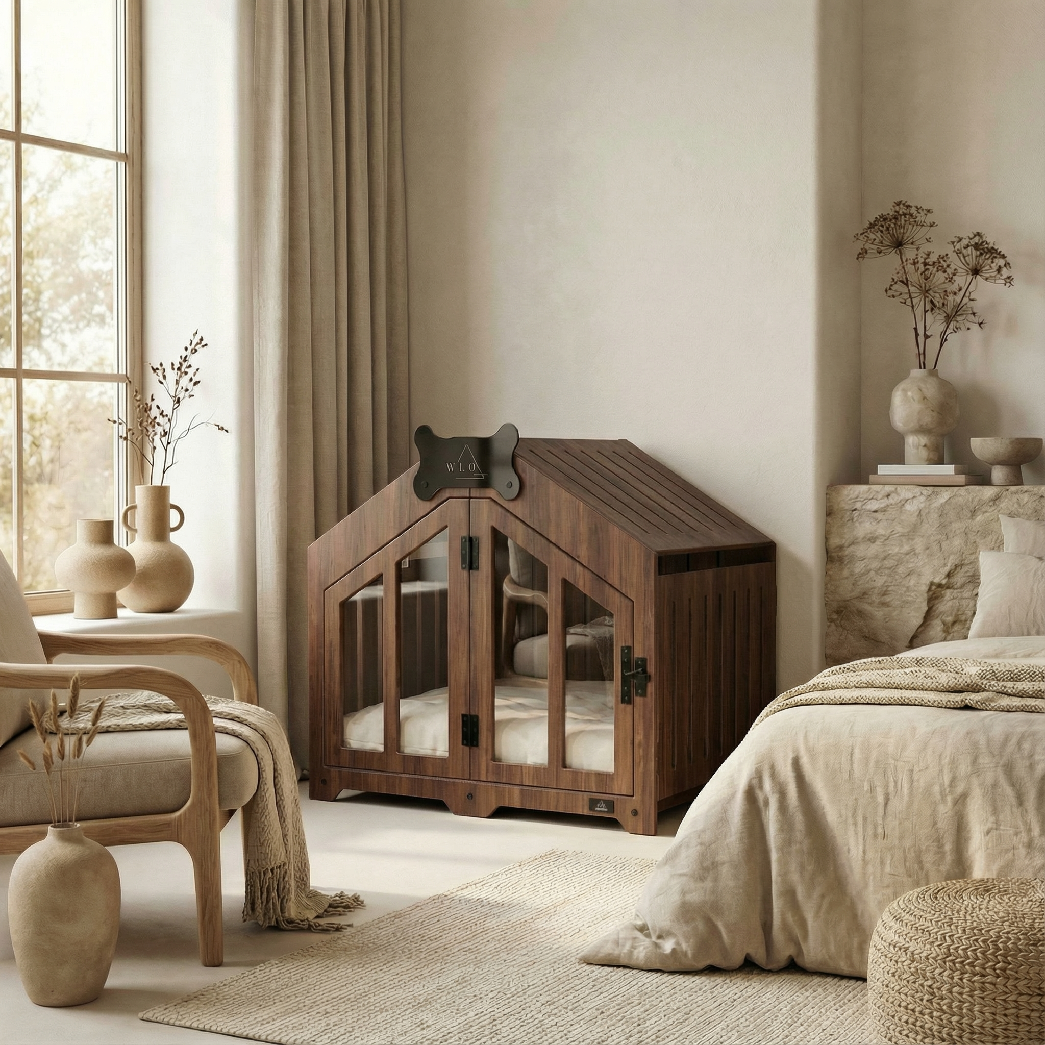 Wooden pet crate in a cozy bedroom setting with neutral tones.