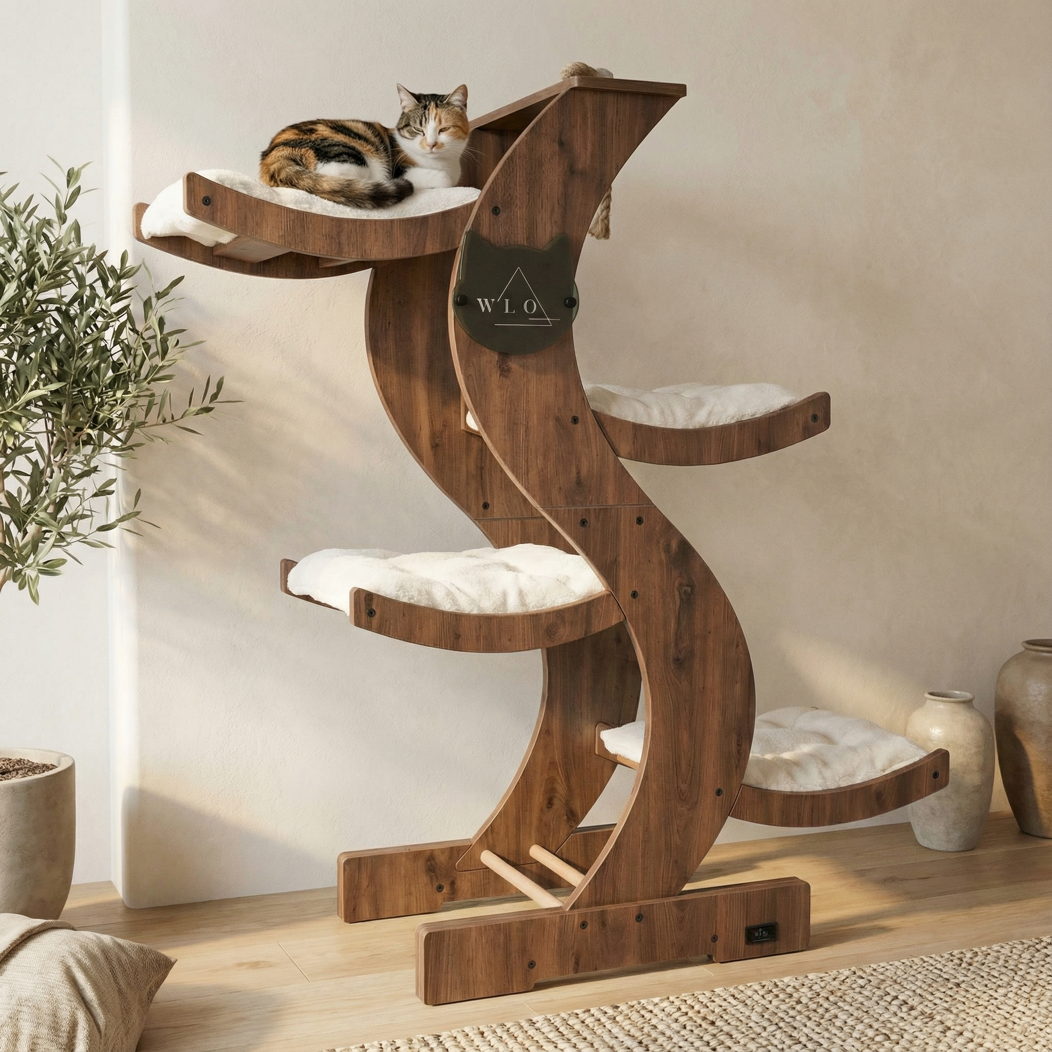 WLO® Classic Walnut Skyline Cat Tree | Modern Multi-Level Cat Tower for Large Cats