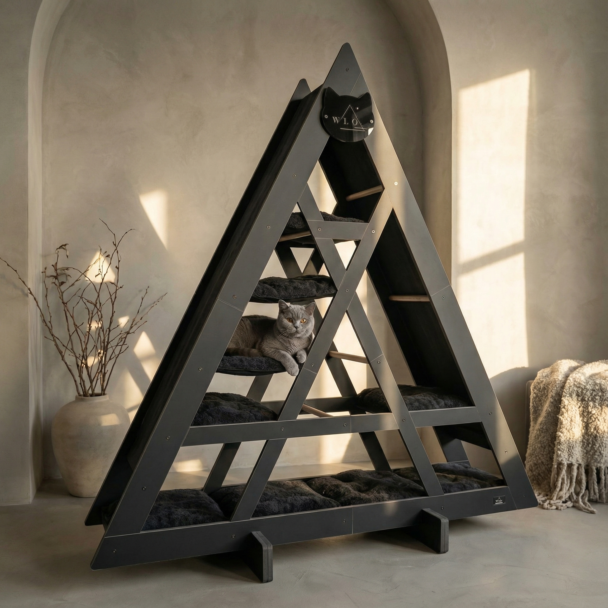 WLO® Onyx Black Triangle Cat Station | Modular Wall-Mounted Cat Climbing System
