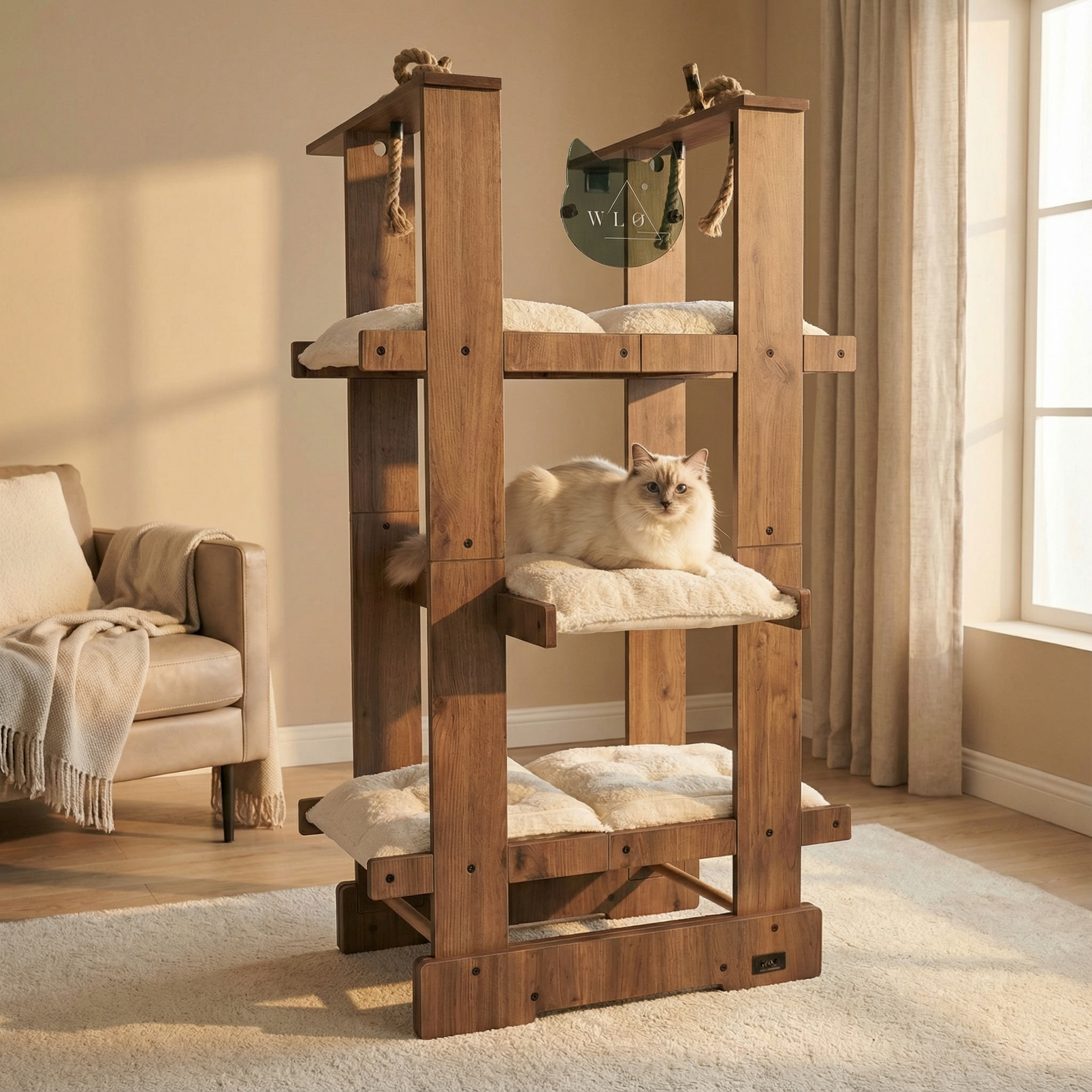 WLO® Classic Walnut Malibu Cat Tree | Modern Multi-Level Cat Tower for Large Cats
