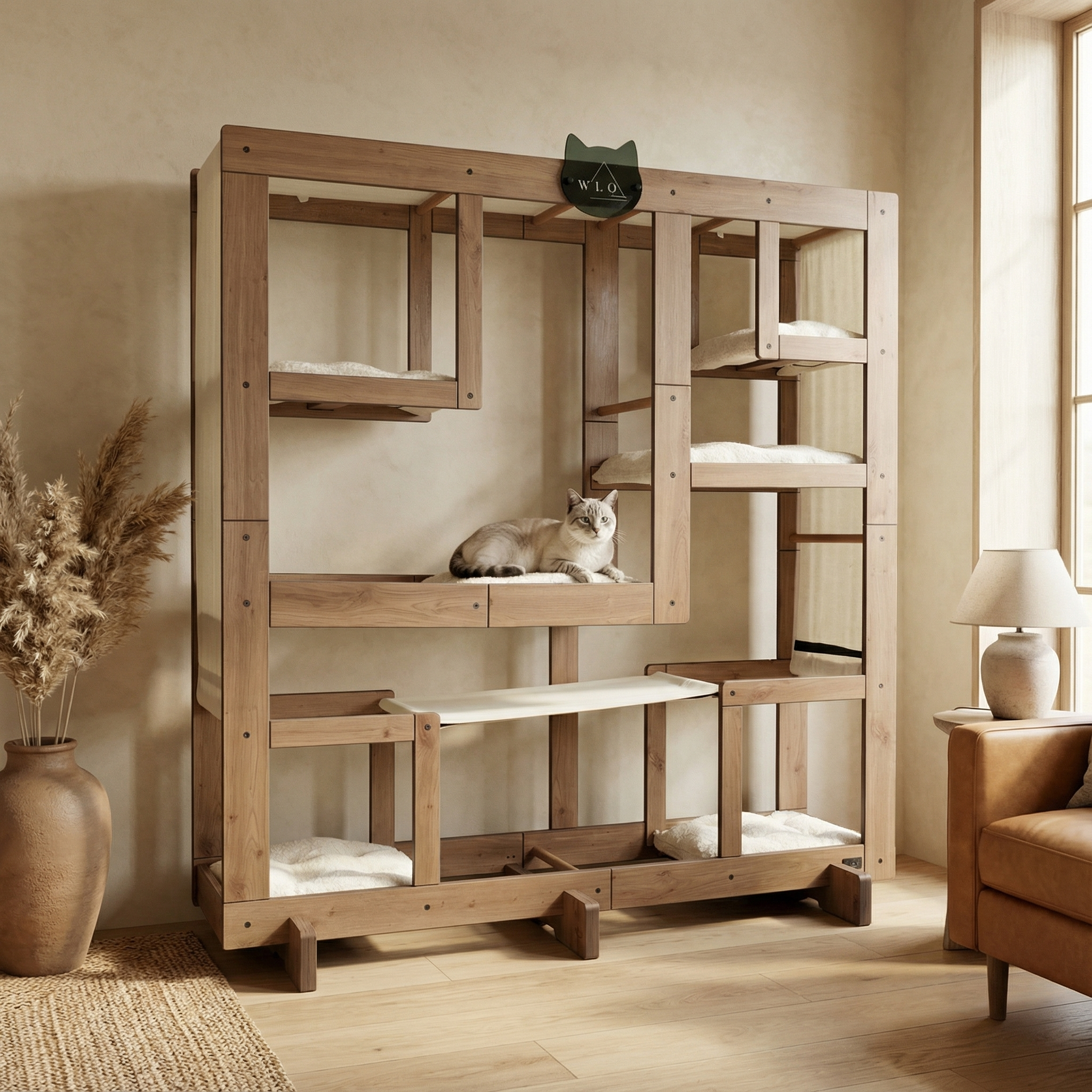 WLO® Natural Oak Square Cat Station | Modular Wall-Mounted Cat Climbing System