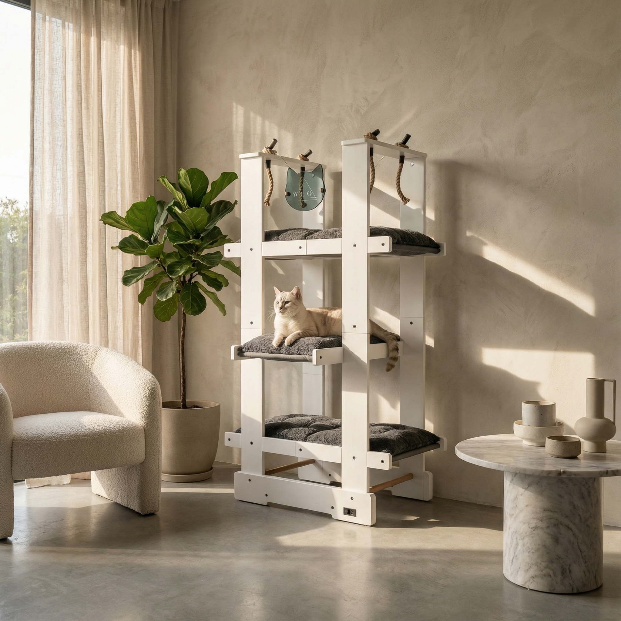 WLO® Pure White Malibu Cat Tree | Modern Multi-Level Cat Tower for Large Cats