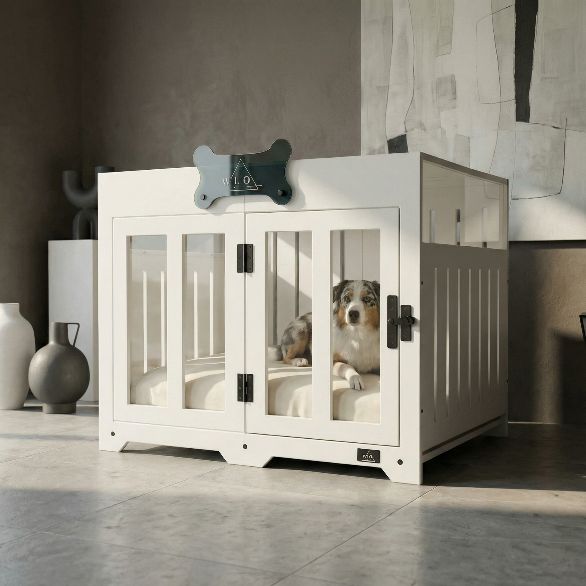 White pet crate with a dog inside in a modern room setting