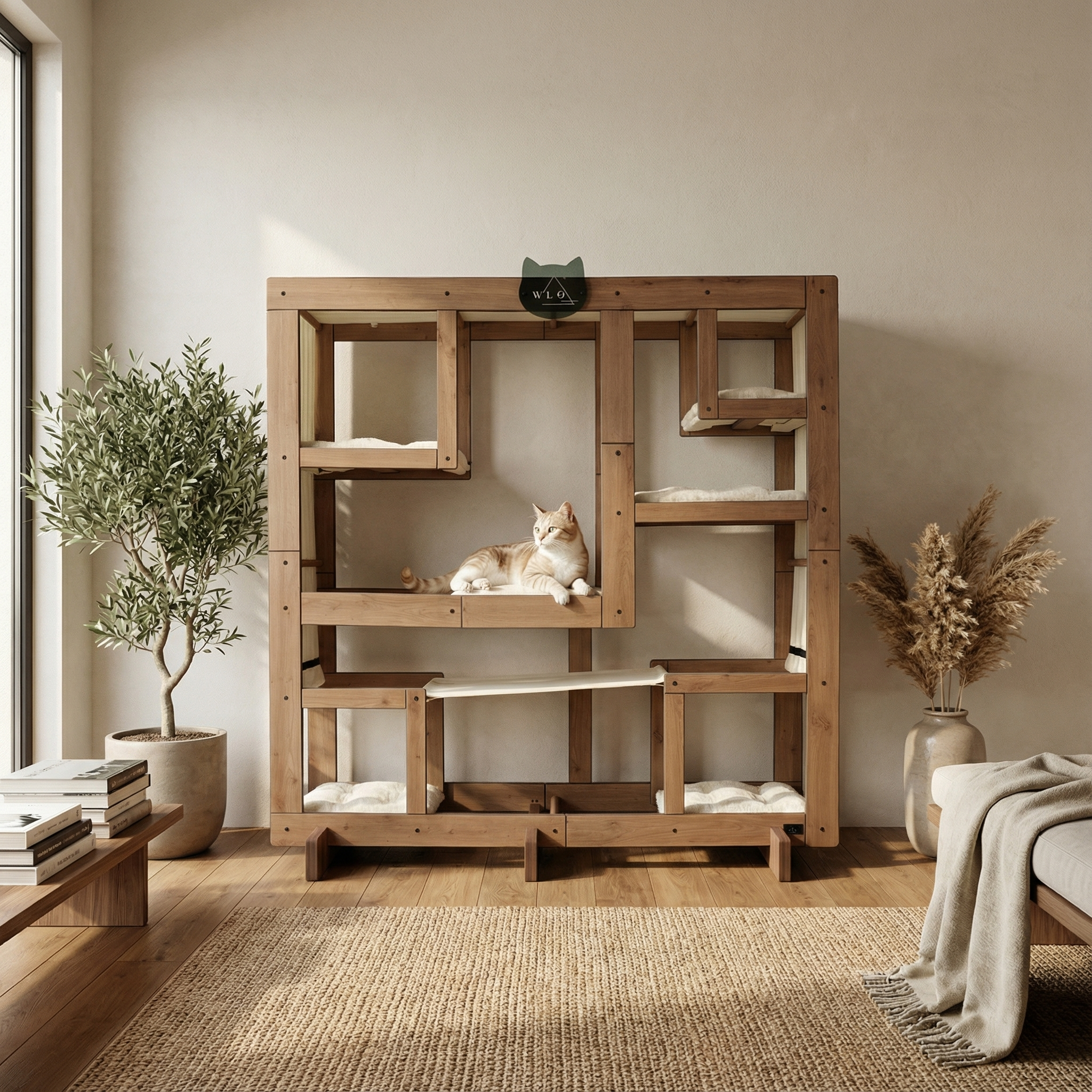 WLO® Natural Oak Square Cat Station | Modular Wall-Mounted Cat Climbing System
