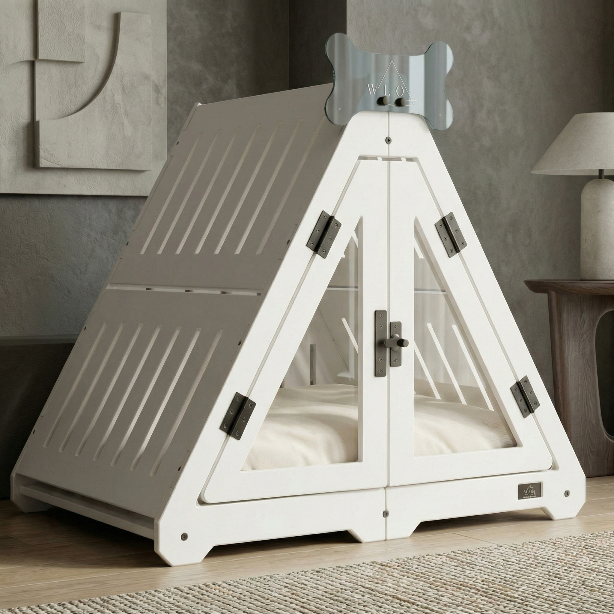 White pet bed with triangular design in a room setting