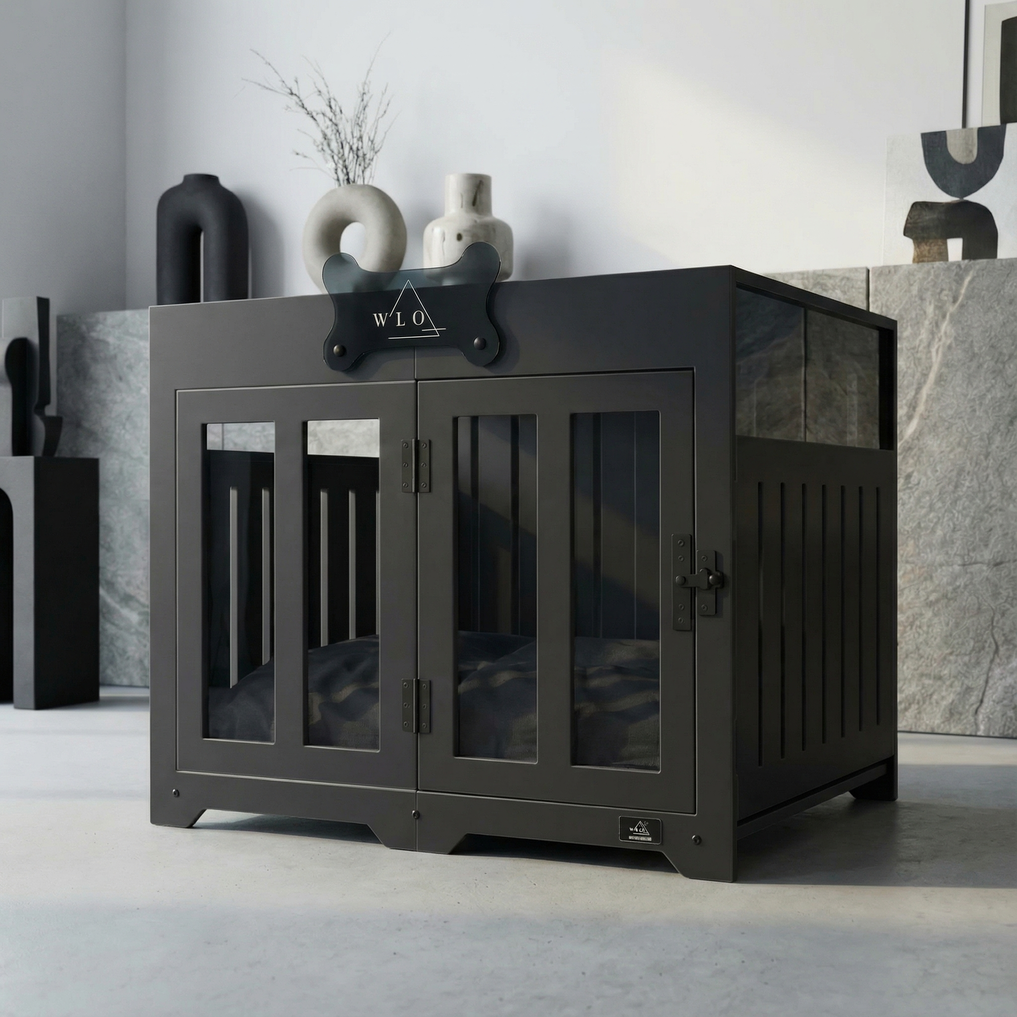 Black pet crate with 'W.L.O' branding in a modern interior setting.