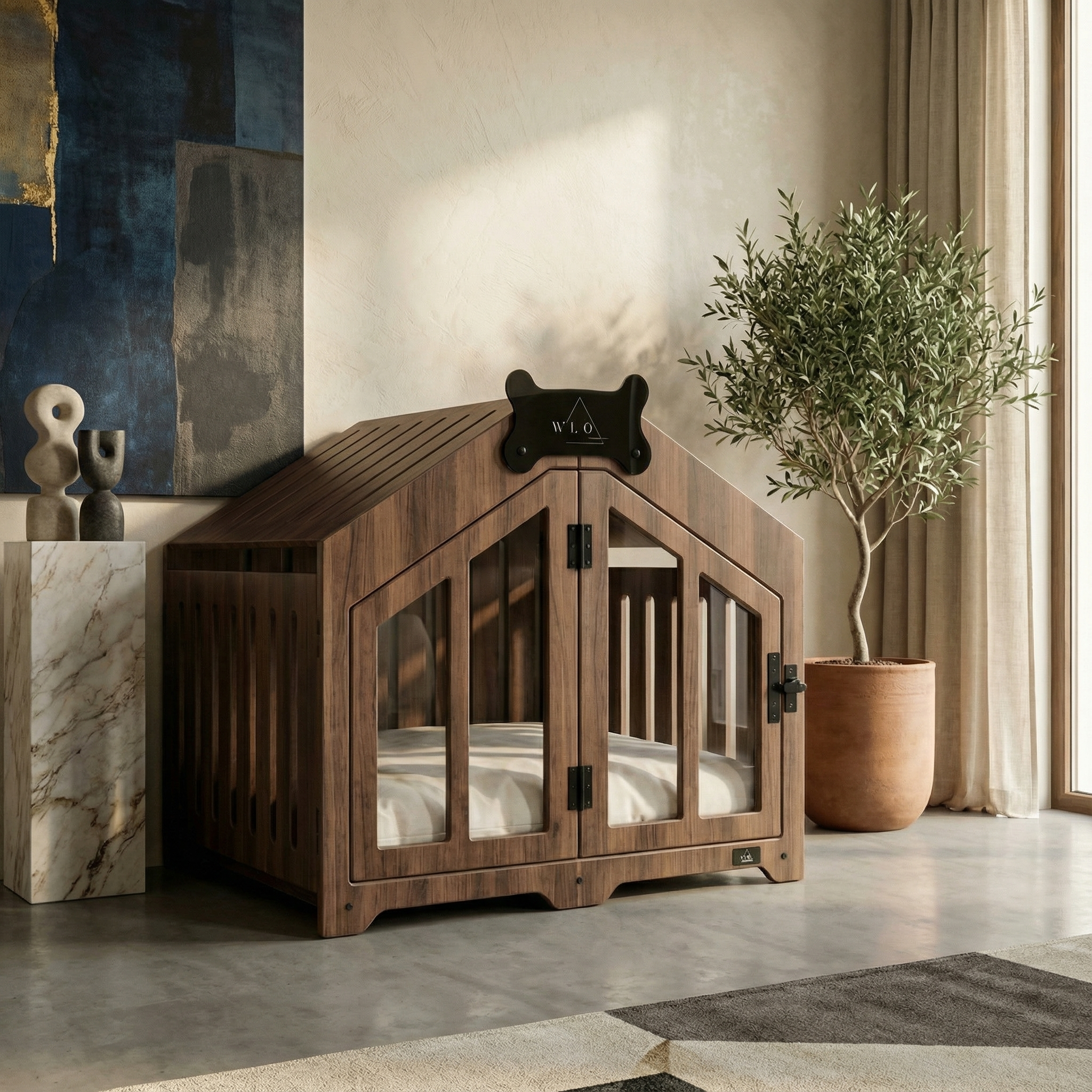 Wooden pet crate in a stylish room with decor elements