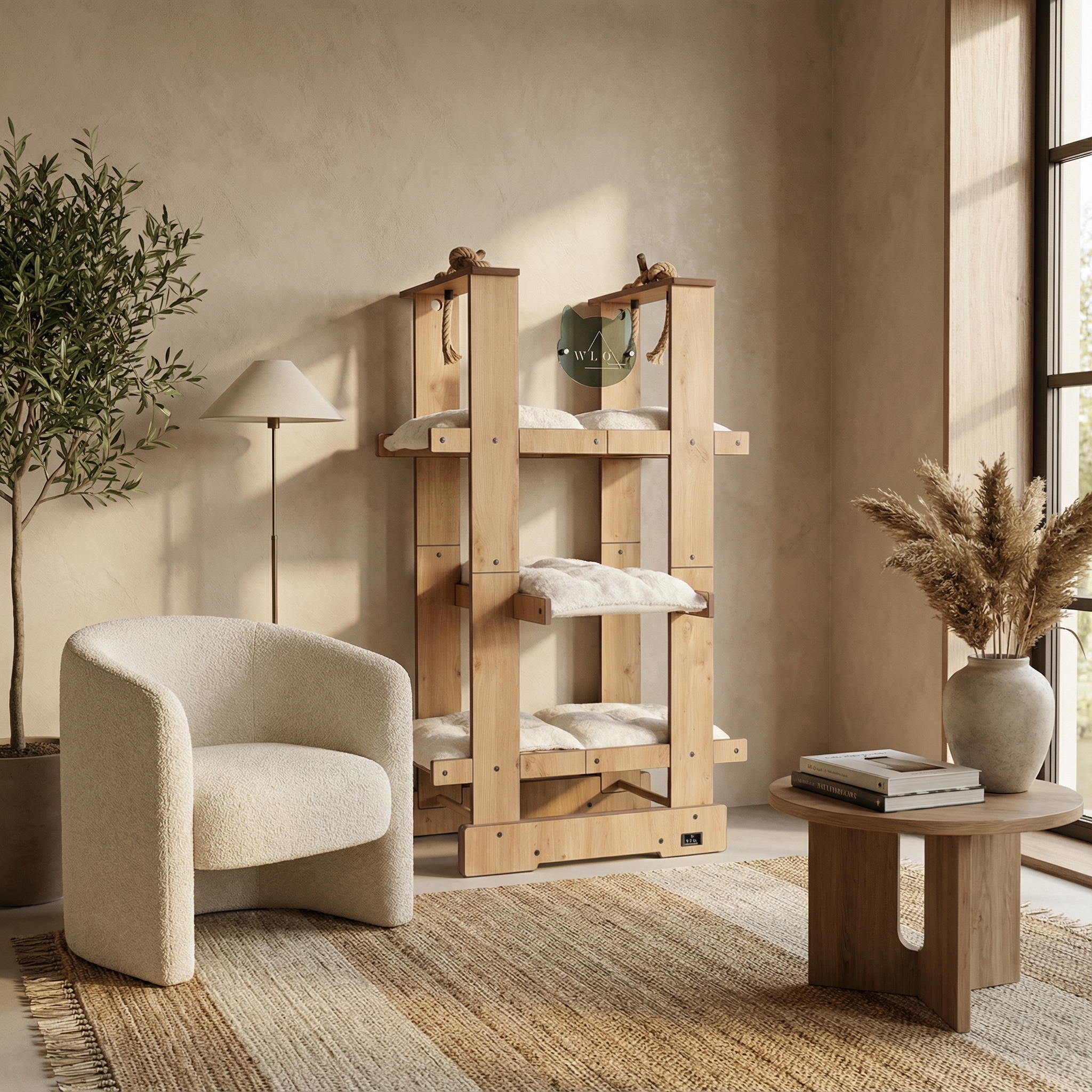 WLO® Natural Oak Malibu Cat Tree | Modern Multi-Level Cat Tower for Large Cats