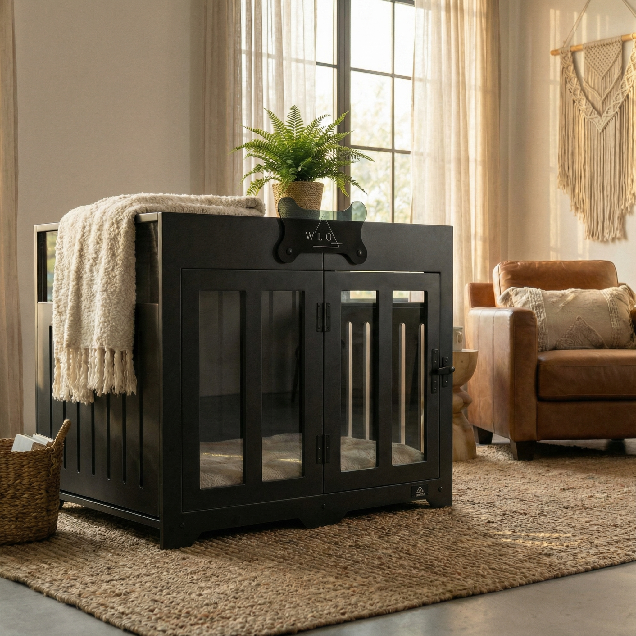 Black pet crate in a room with a couch, plant, and rug.