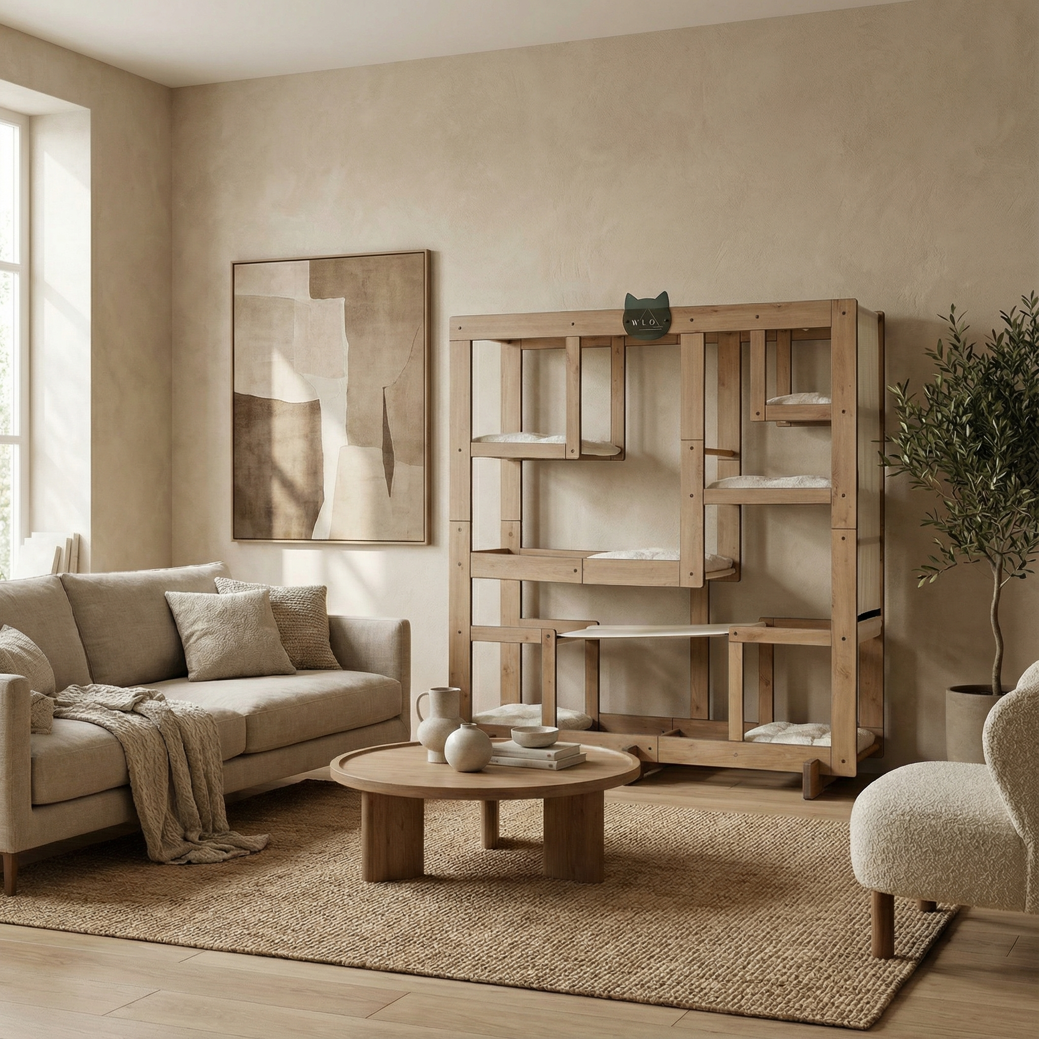 WLO® Natural Oak Square Cat Station | Modular Wall-Mounted Cat Climbing System