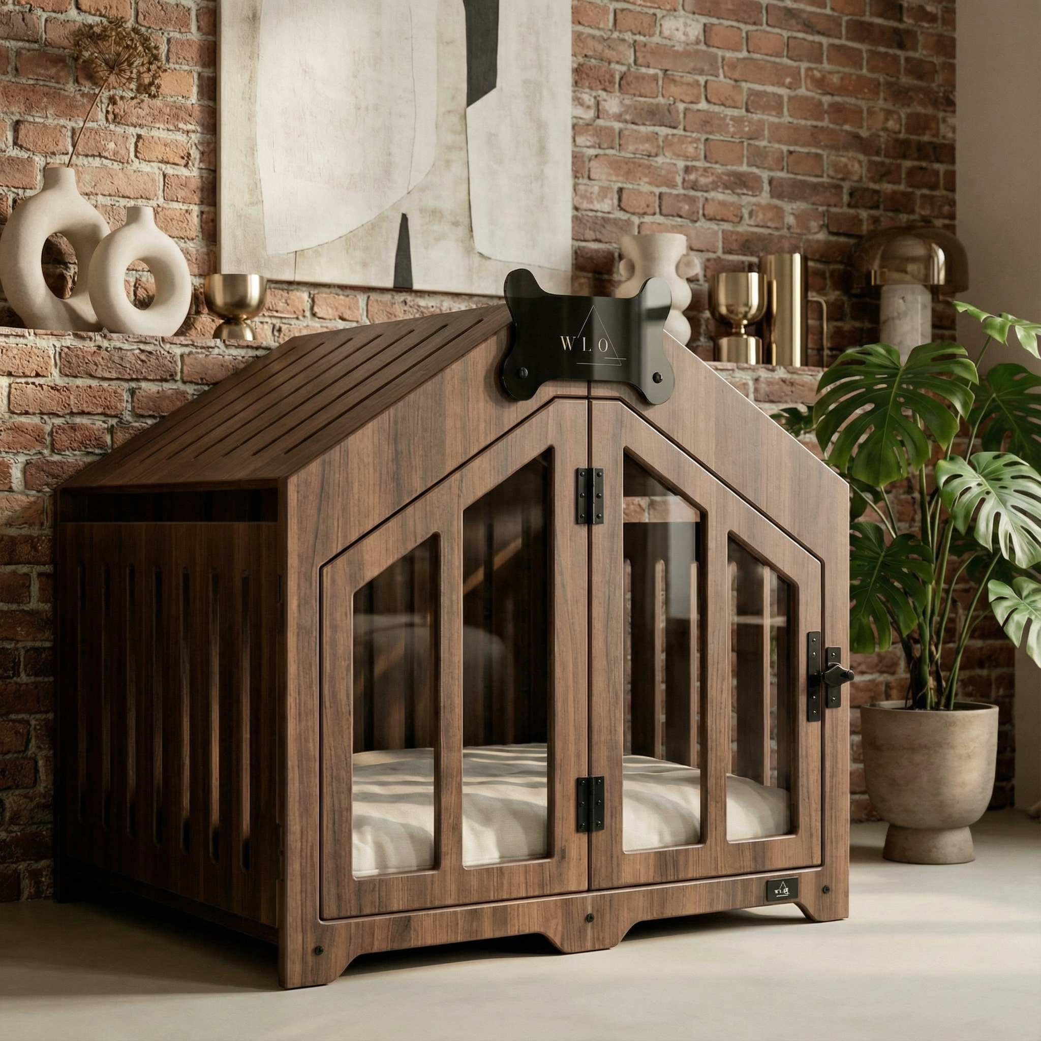 Wooden pet crate with glass doors in a room with a brick wall and plants.