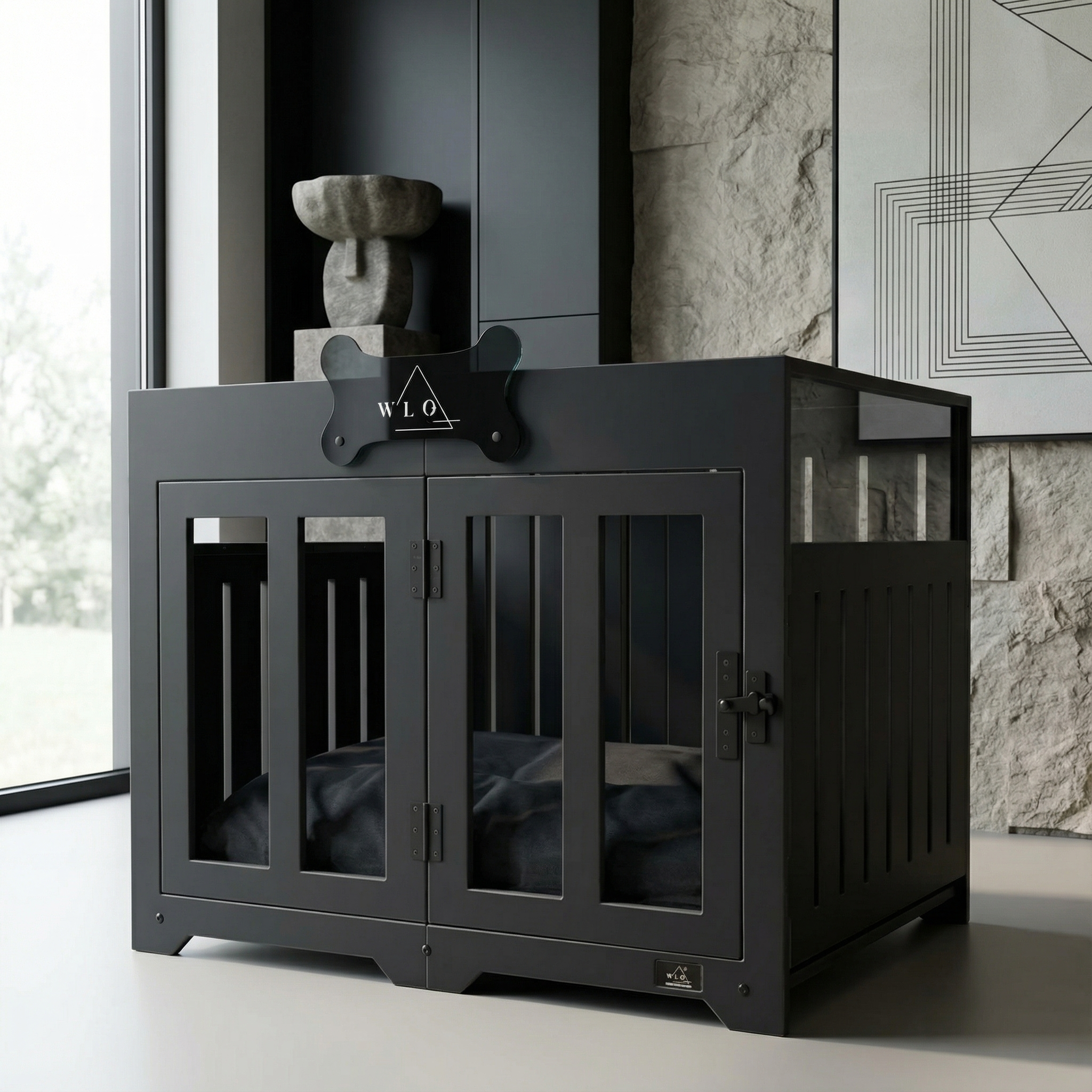 Black pet crate with 'WLO' branding in a modern indoor setting.