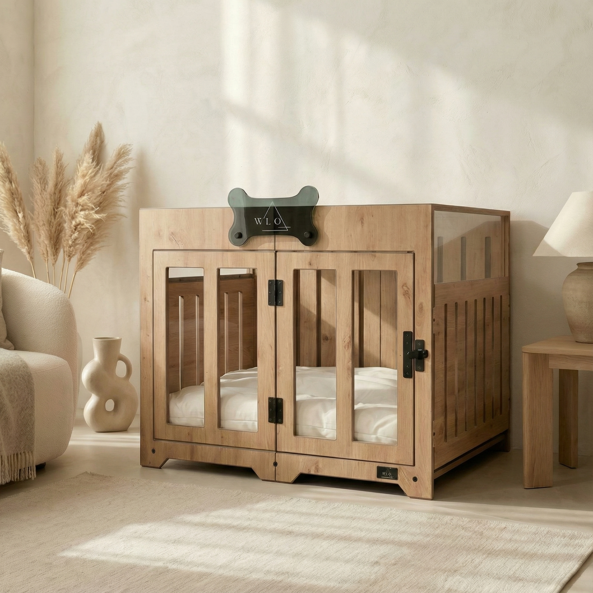 Wooden pet crate in a living room setting with a neutral color scheme.