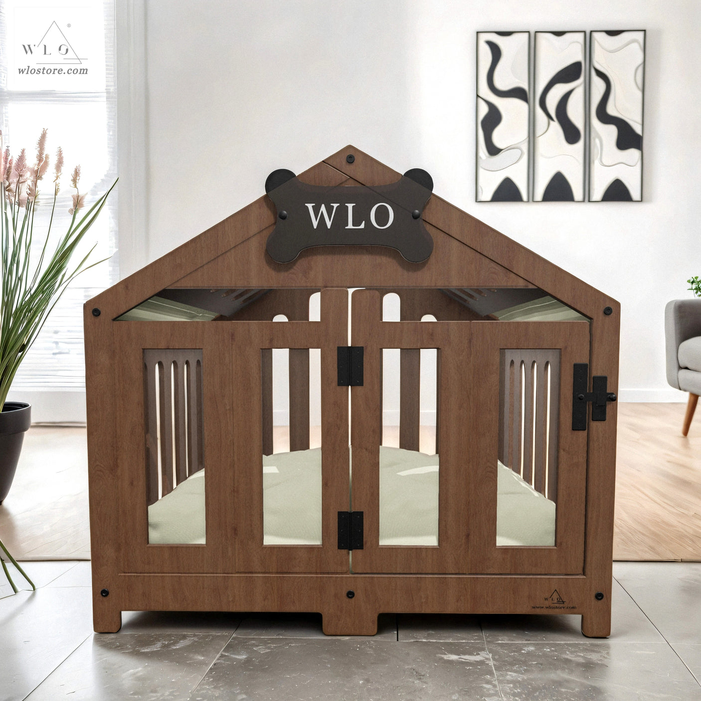 WLO® Walnut Gabled Modern Dog Crate