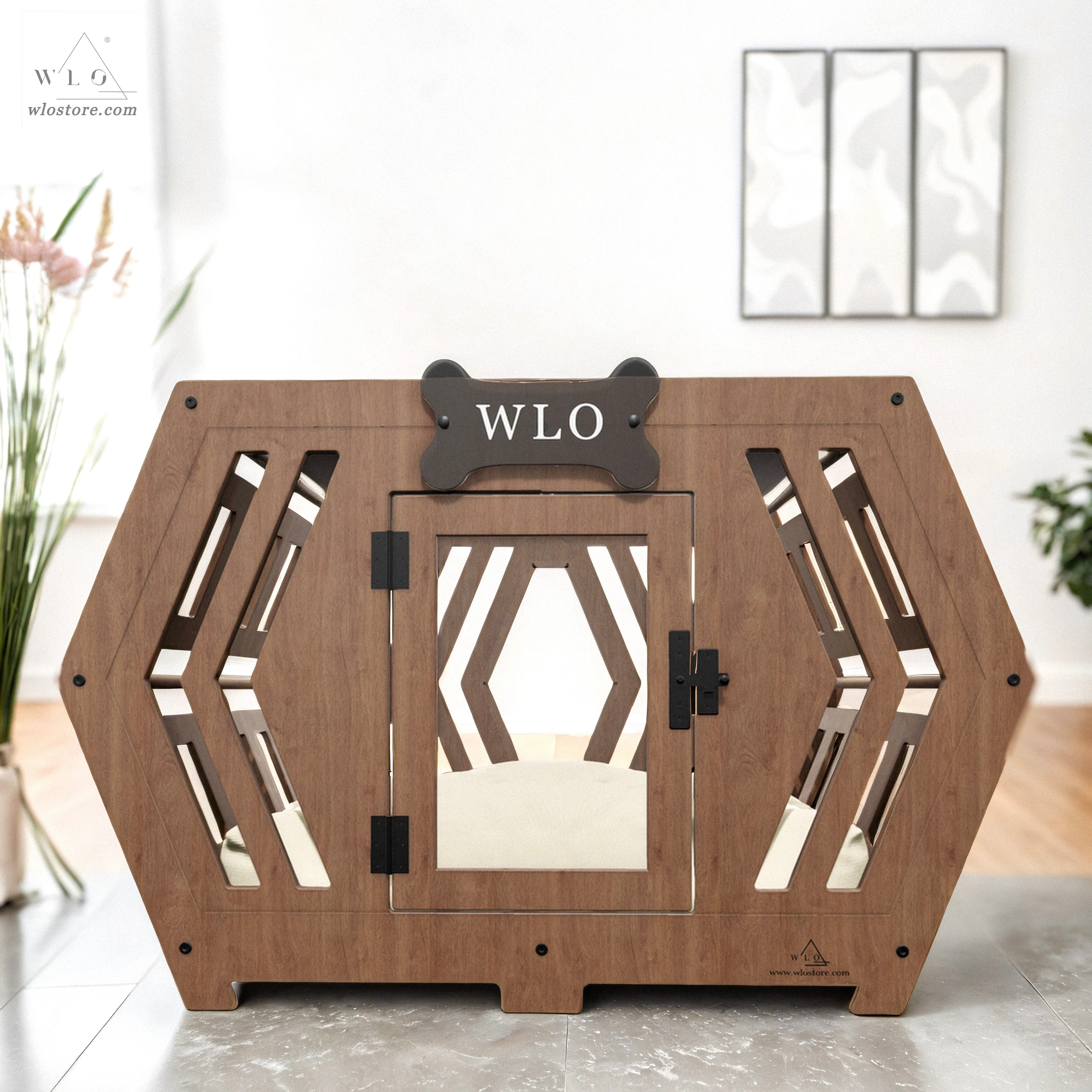 Walnut Ivory Hexxon Modern Dog Crate Dog Bed Dog Crate Dog Kennel Wood Dog House Pet House Pet Furniture Dog Furniture WLO WLO Store