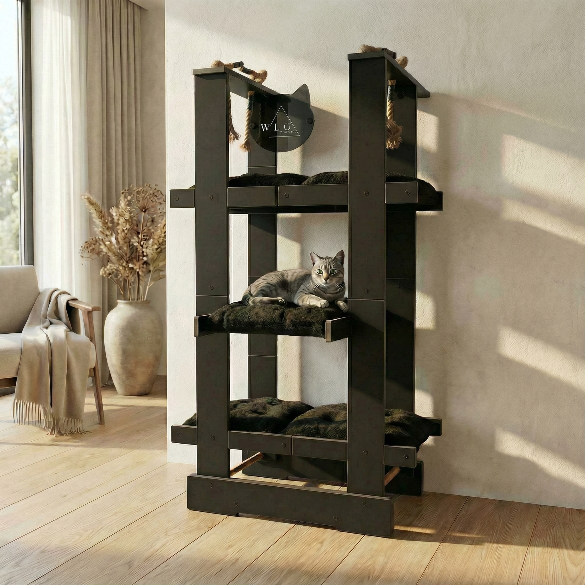 WLO® Onyx Black Malibu Cat Tree | Modern Multi-Level Cat Tower for Large Cats