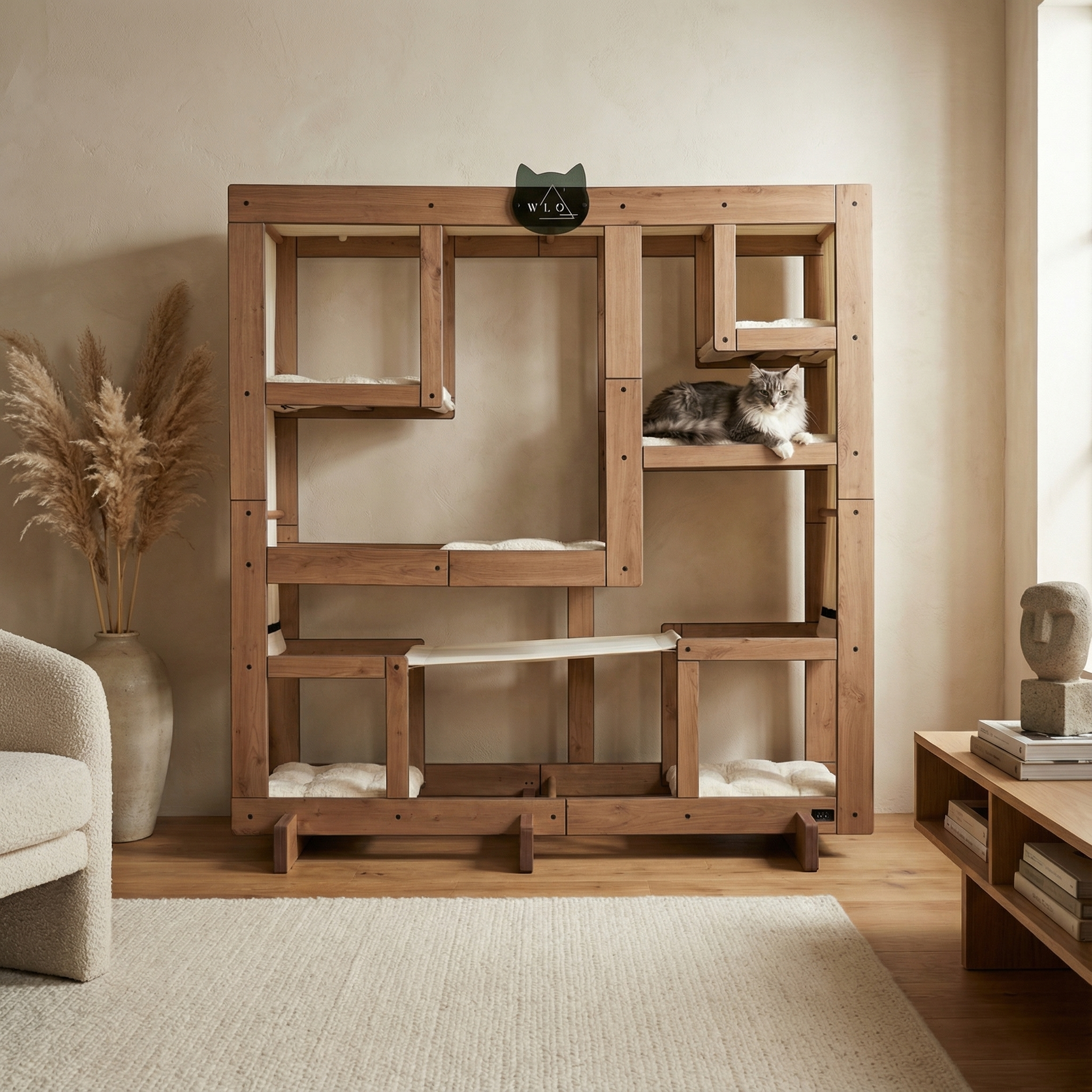 WLO® Natural Oak Square Cat Station | Modular Wall-Mounted Cat Climbing System