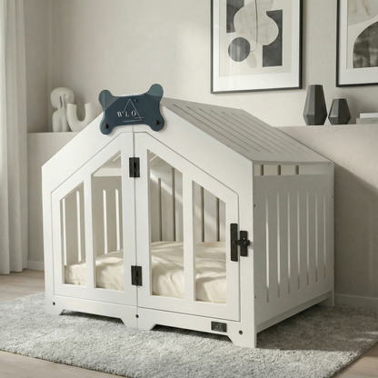 White pet crate with a dog bone design on a light gray rug in a room.