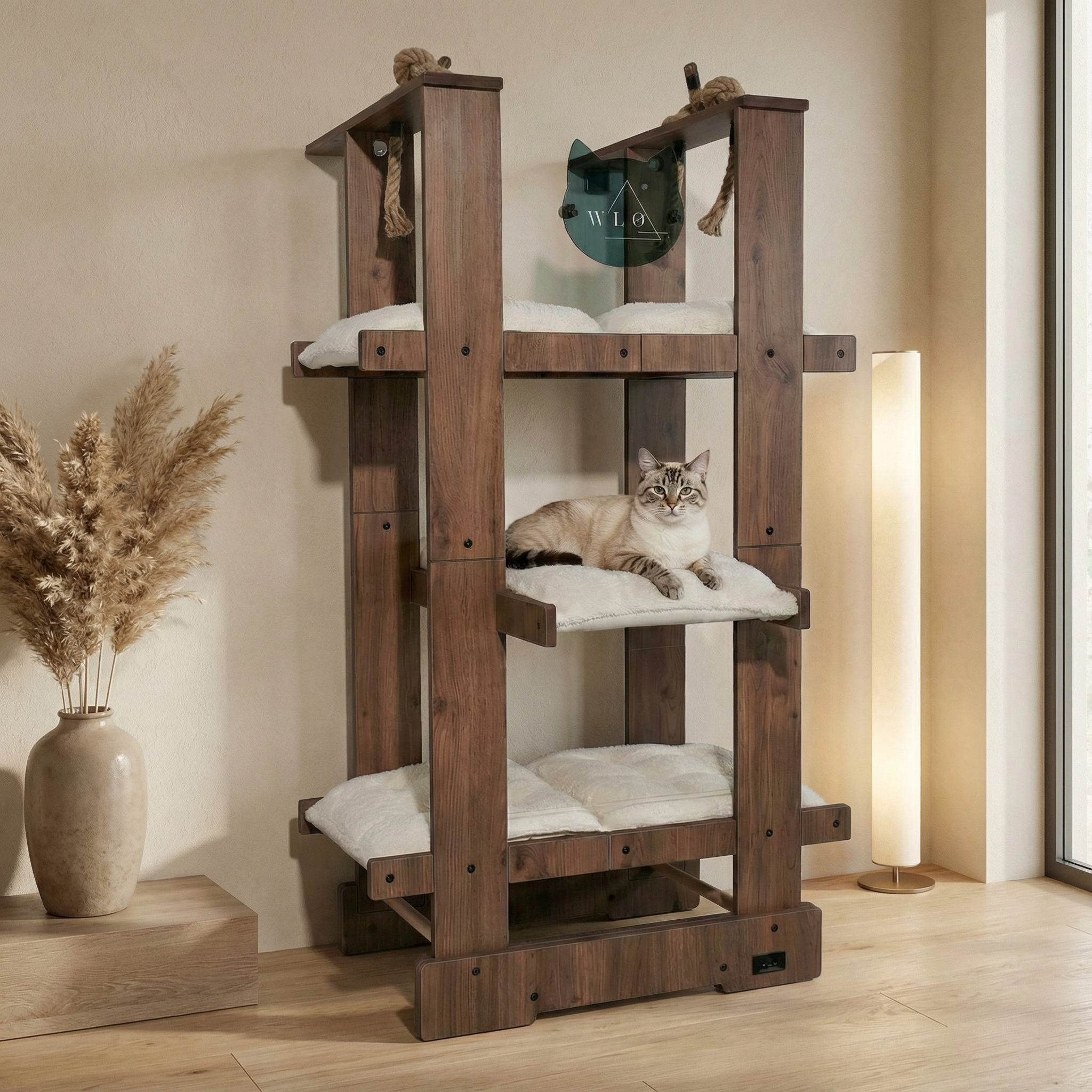 WLO® Classic Walnut Malibu Cat Tree | Modern Multi-Level Cat Tower for Large Cats