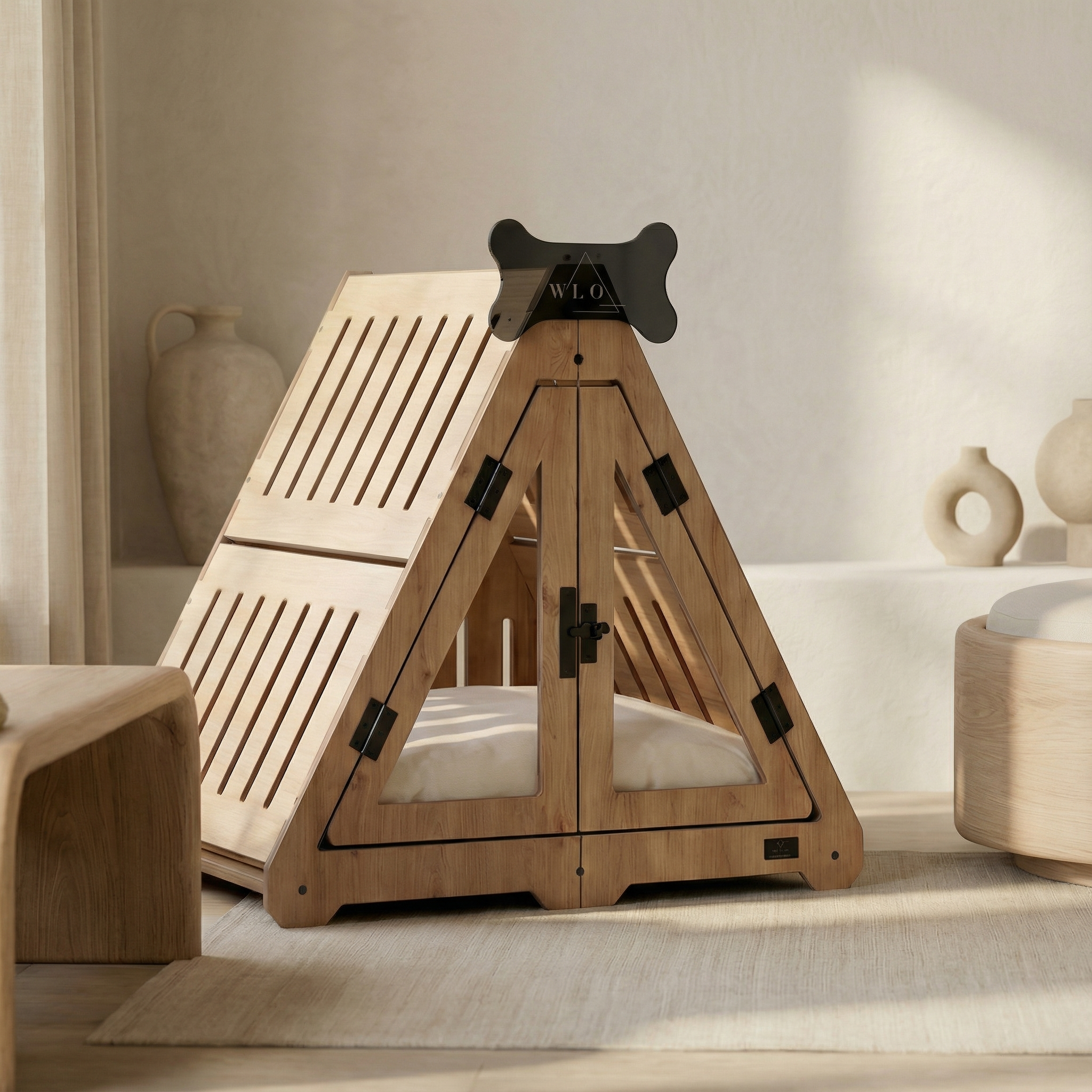 Wooden pet bed with a triangular design in a minimalistic room.