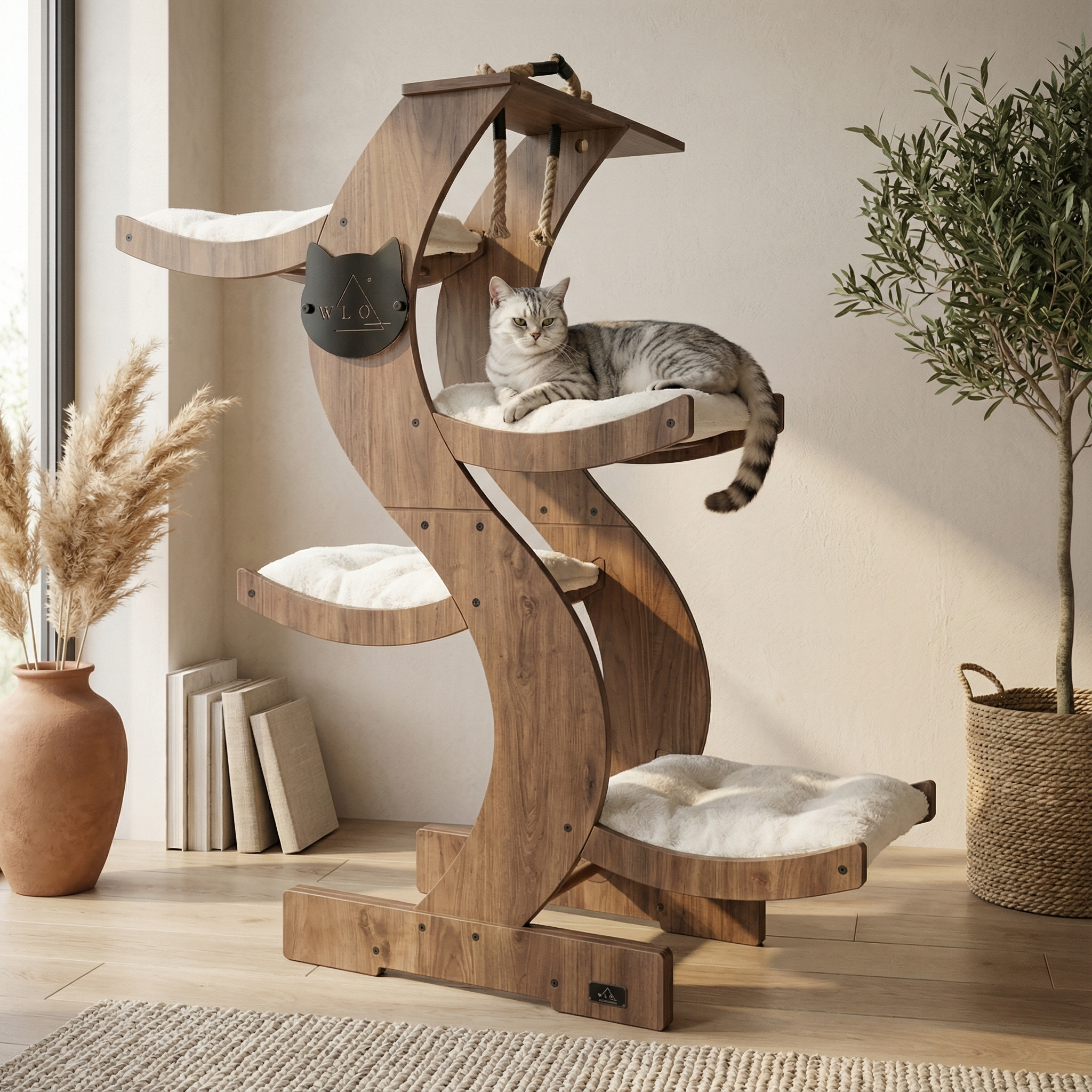 WLO® Classic Walnut Skyline Cat Tree | Modern Multi-Level Cat Tower for Large Cats