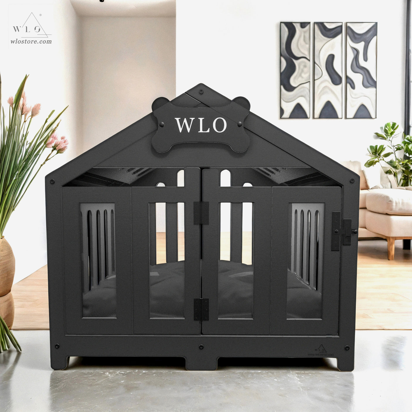 WLO® Black Gabled Modern Dog Crate