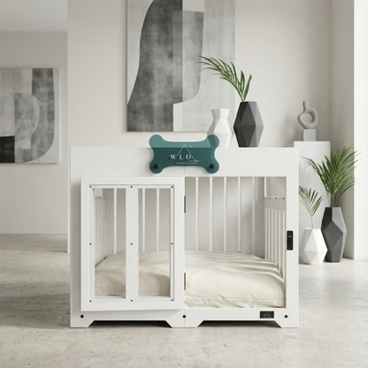 White pet crate in a modern room with decor elements