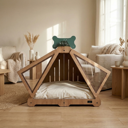 Wooden pet bed with a bone-shaped sign in a living room setting
