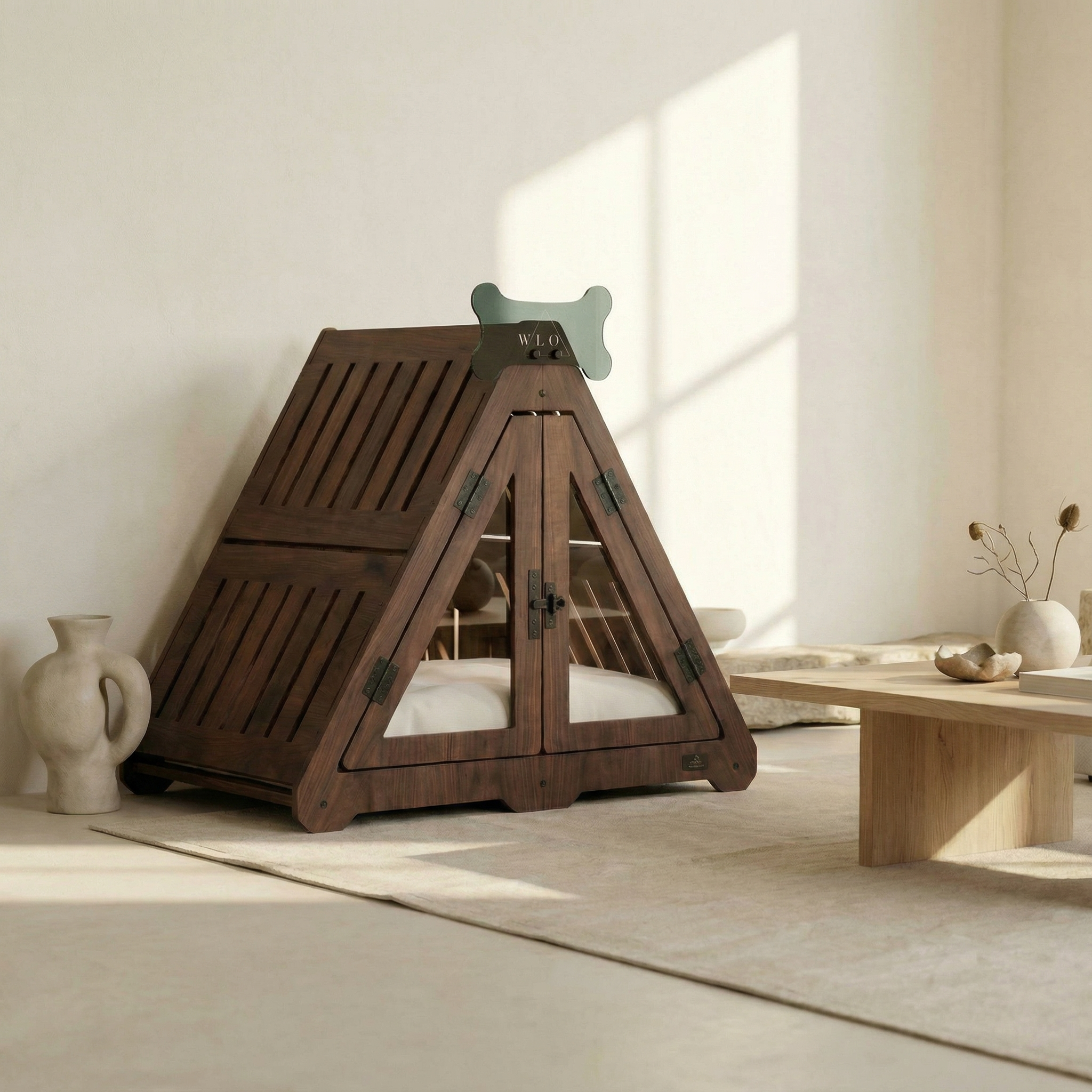 Wooden pet bed shaped like a pyramid with a white cushion inside, placed in a room with a light-colored floor and a window in the background.