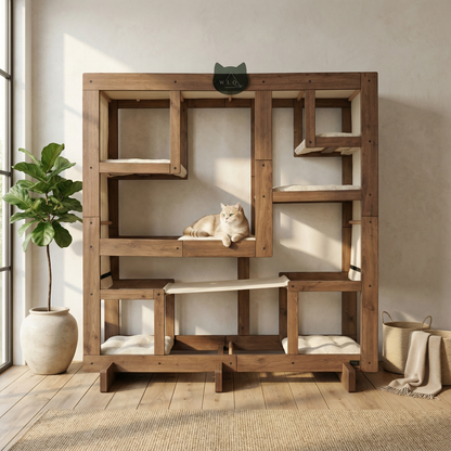 WLO® 클래식 월넛 사각 고양이 스테이션 | 모듈식 벽걸이형 고양이 등반 시스템
