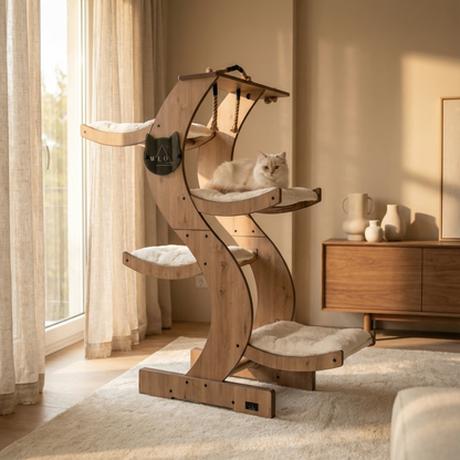 WLO® Natur-Eiche Skyline Katzenbaum | Moderner mehrstufiger Katzenturm für große Katzen