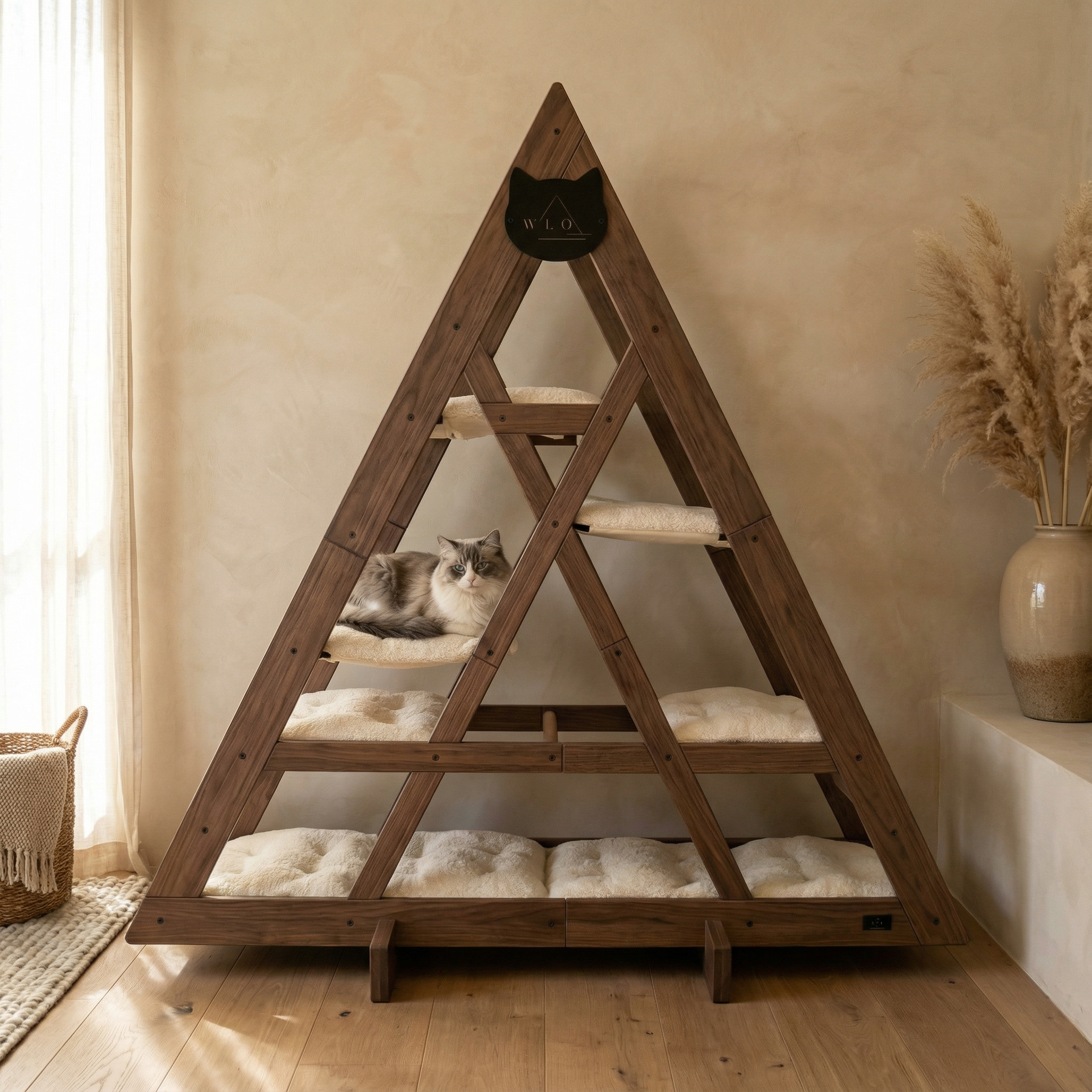 WLO® Classic Walnut Triangle Cat Station | Modular Wall-Mounted Cat Climbing System