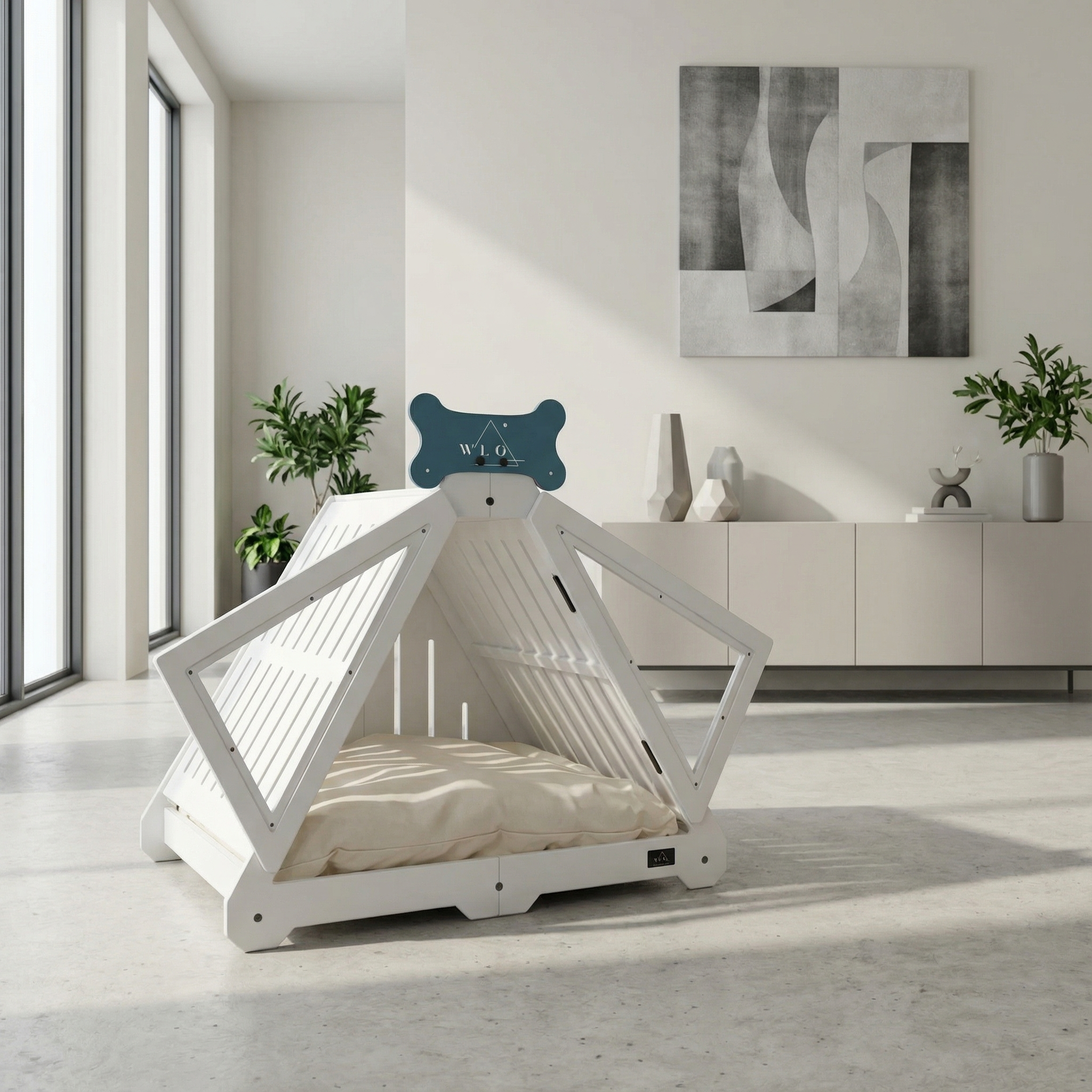White pet tent with a blue bone-shaped toy in a modern living room.