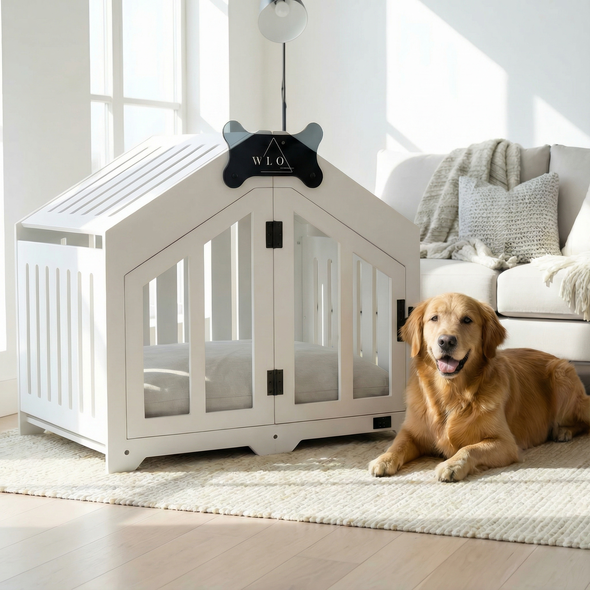 Dog lying on a rug next to a white pet crate in a bright living room.