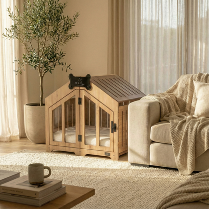 Wooden pet crate in a cozy living room with a couch and plant.
