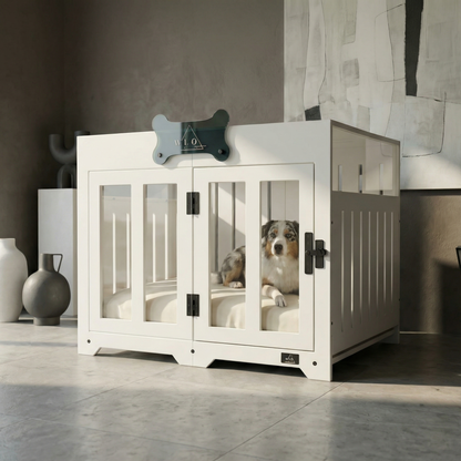 White pet crate with a dog inside in a modern room setting