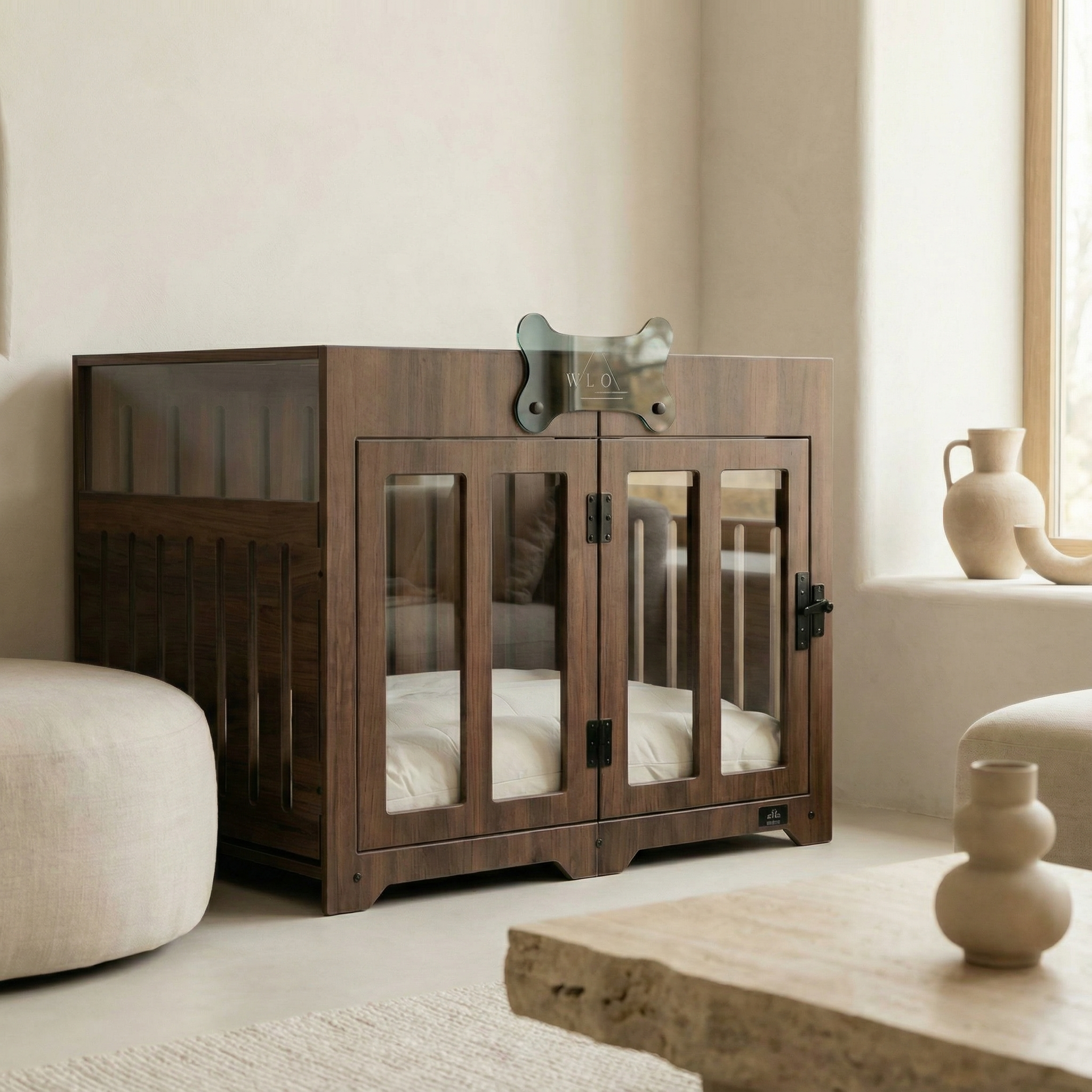 Wooden pet crate with glass doors in a room with a window and decorative items.