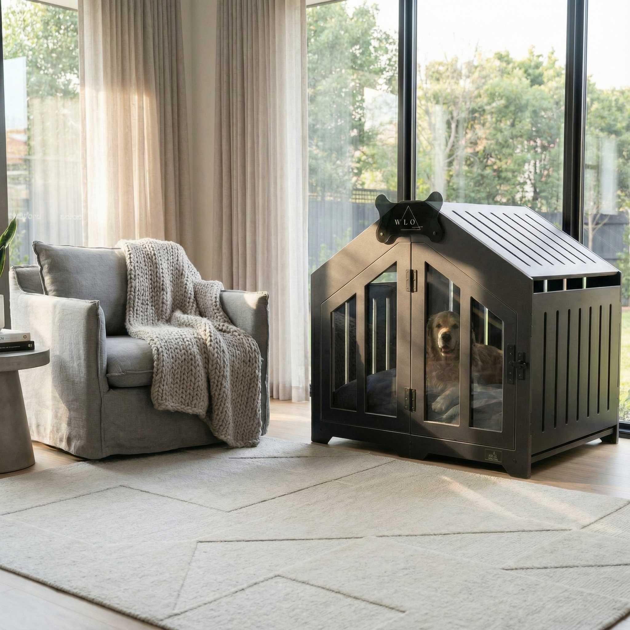 Dog crate in a living room with a gray armchair and large windows.