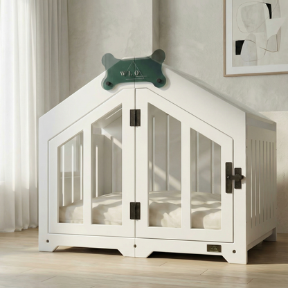 White pet crate with glass doors in a room setting