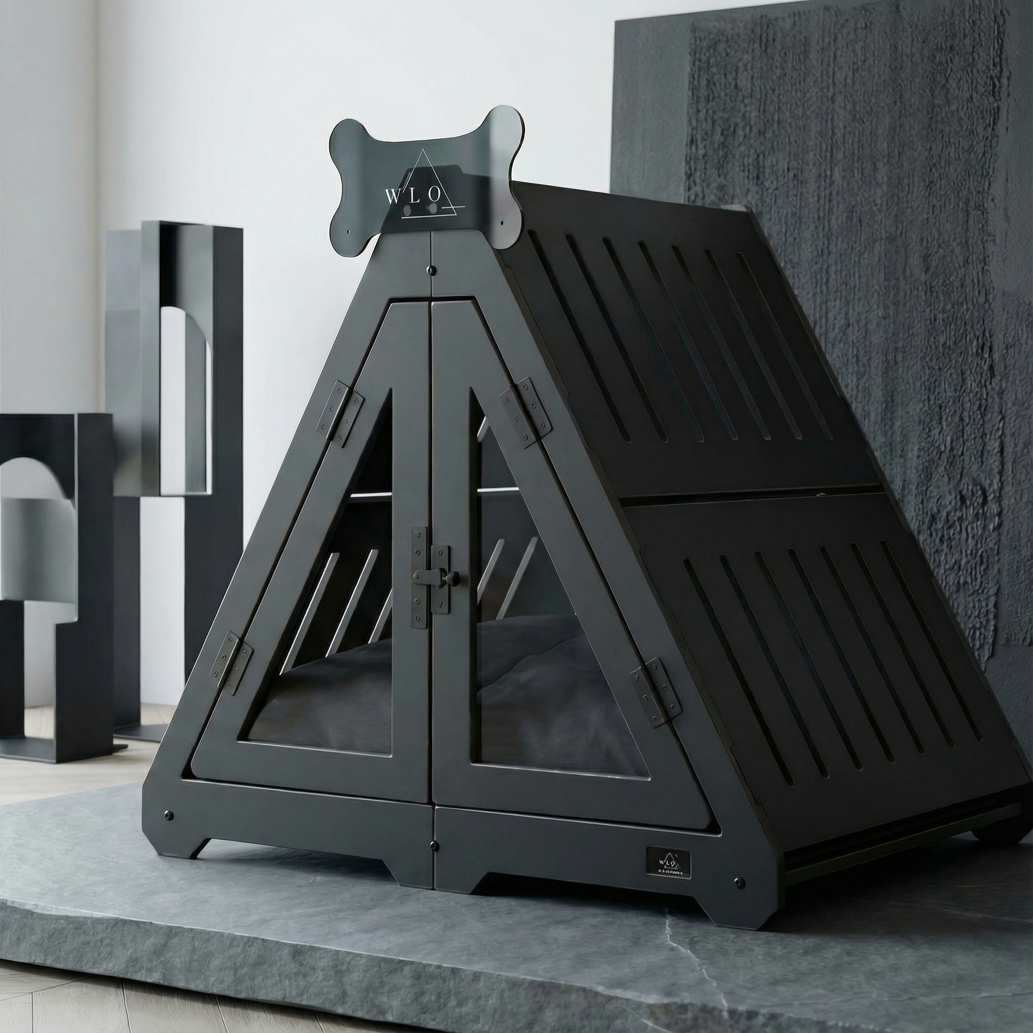 Black pet bed with geometric design on a gray surface