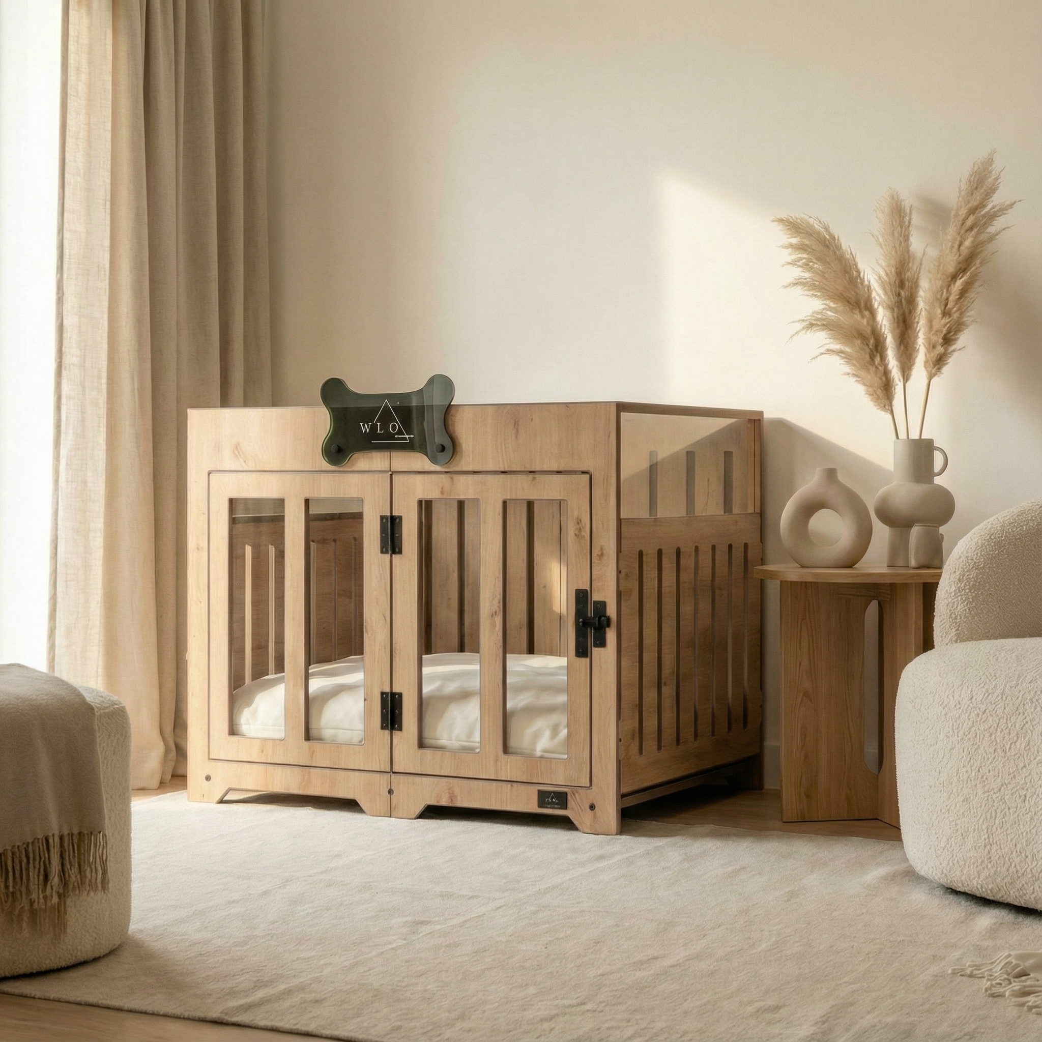 Wooden pet crate in a cozy living room setting with neutral decor.