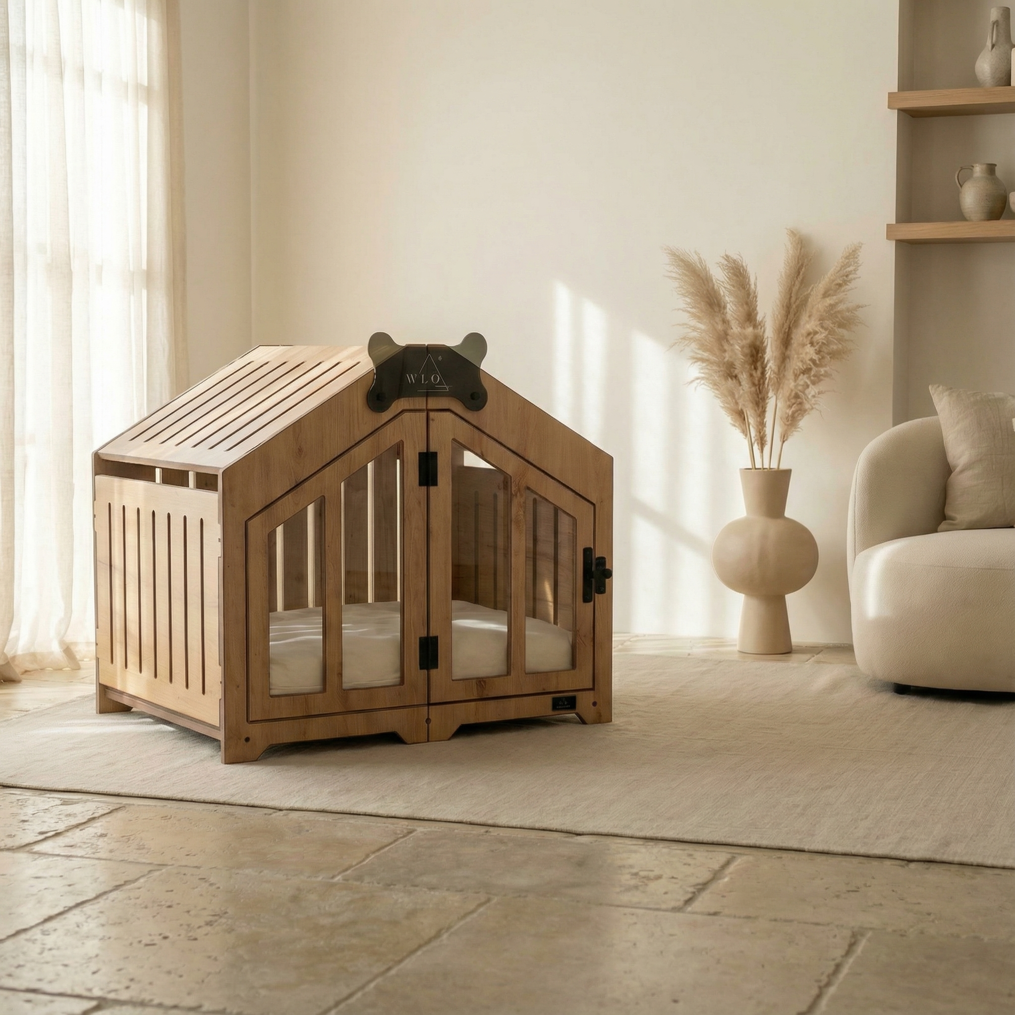 Wooden pet crate in a stylish living room with a couch and decorative vase.