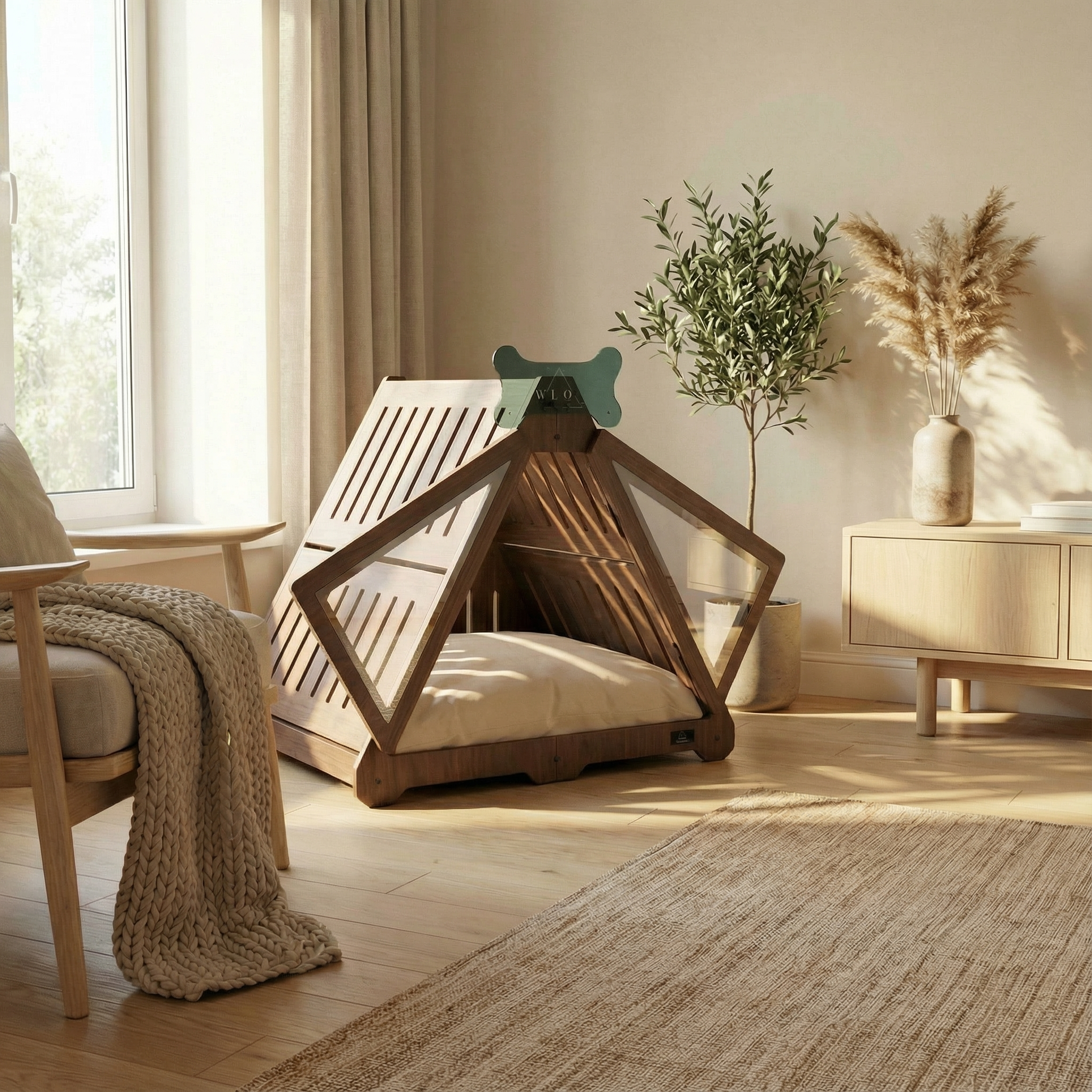 Wooden pet teepee in a cozy living room with a plant and furniture.