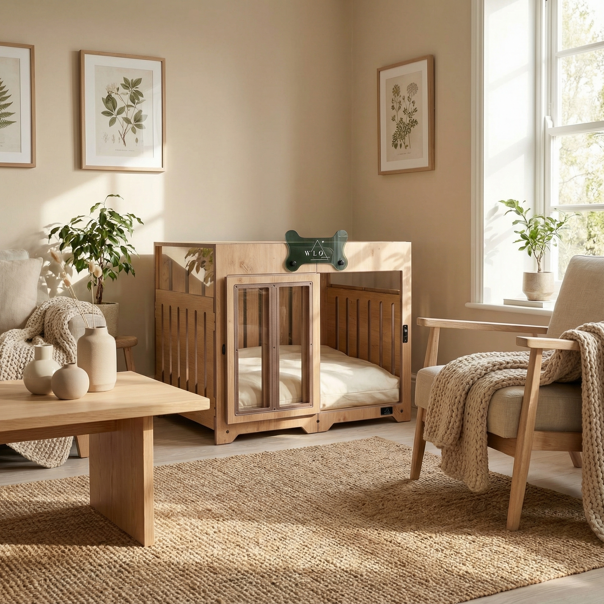 Nursery room with wooden crib, armchair, and decor elements.