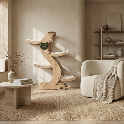 WLO® Natur-Eiche Skyline Katzenbaum | Moderner mehrstufiger Katzenturm für große Katzen